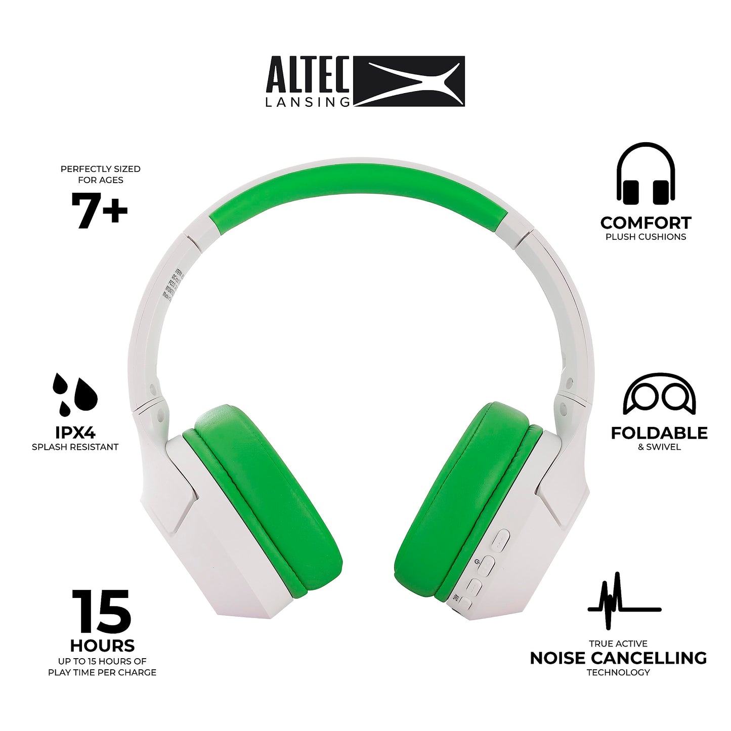 Altec Lansing Kid Safe Noise Cancelling Wireless Headphones 15H Battery, 85dB Volume Limit, Foldable Design Powerful Sound, Active Noise Cancellation