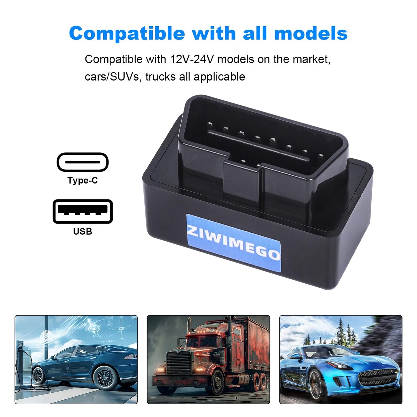 ZIWIMEGO Car OBD USB Charger Power Adapter, OBD to Type-C Female Adapter Charger for Dash Camera GPS Mobile Phones, Tablets, DVR, Radar Detector USB