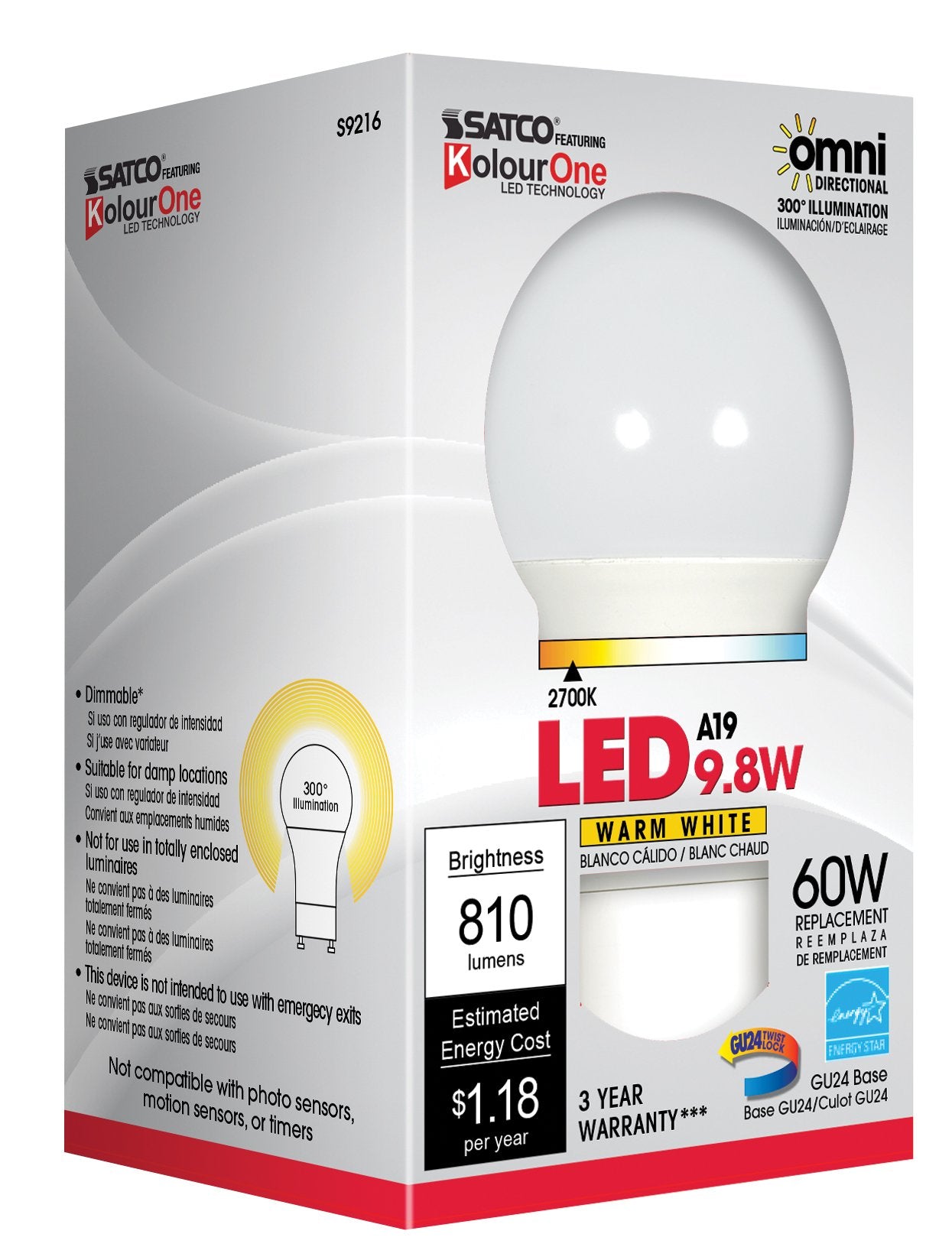 Satco S9216 A19 LED Frosted 2700K Gu24 Base Light Bulb, 9.8W