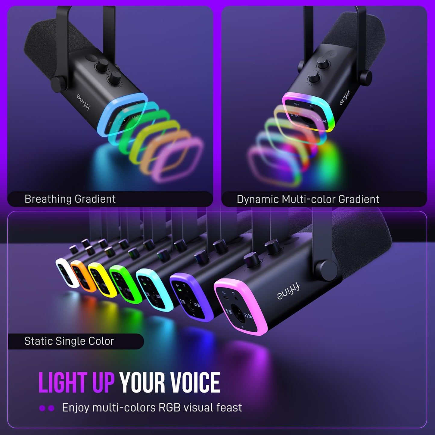 FIFINE XLR/USB Gaming Microphone Set, Dynamic PC Mic for Streaming Podcasting, Computer RGB Mic Kit with Boom Arm Stand, Mute Button, Headphones Jack