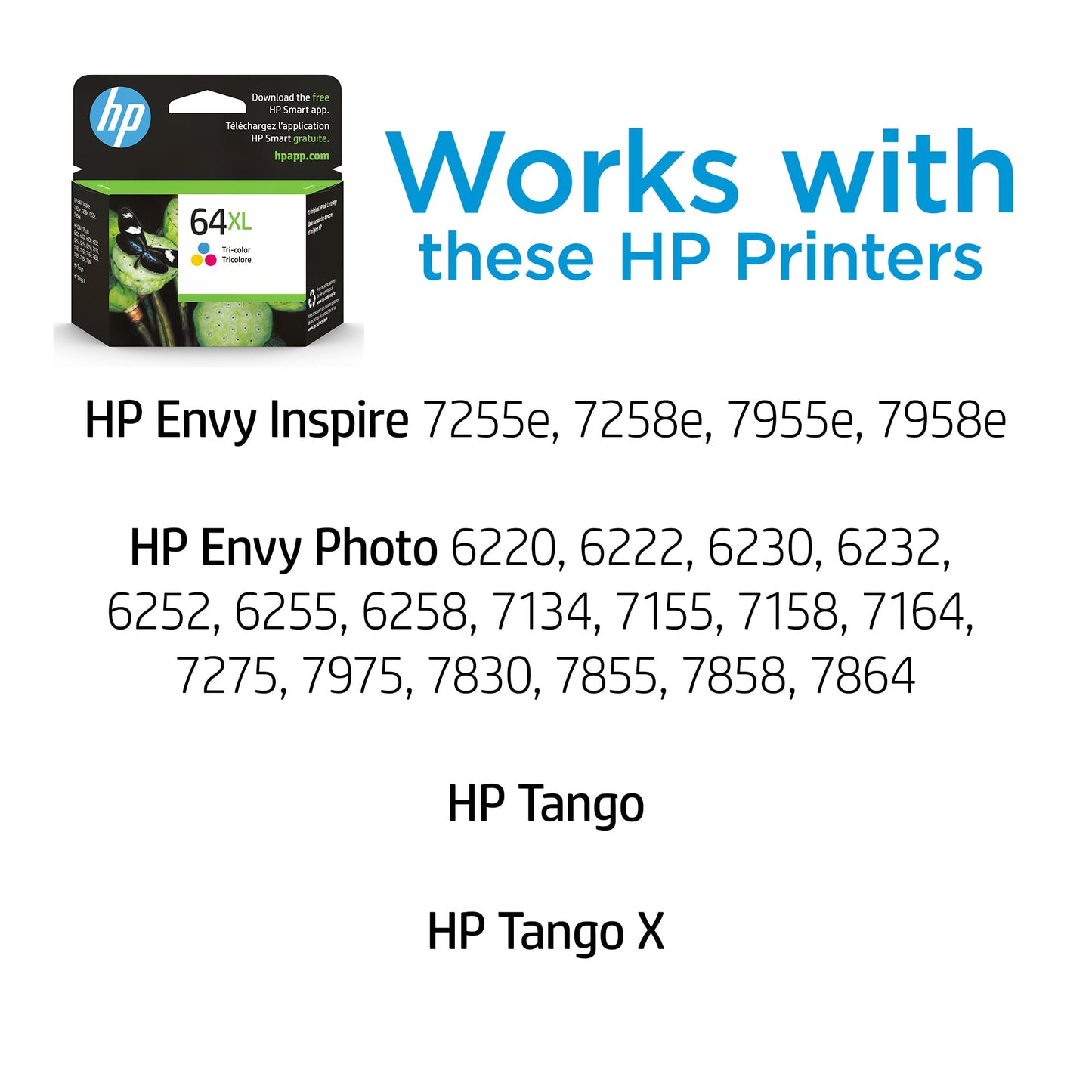 HP 64XL Tri-Color High-Yield Ink Cartridge Printers | Works with Printer Series: Envy Inspire 7950e; Envy Photo 6200, 7100, 7800; Tango | Eligible