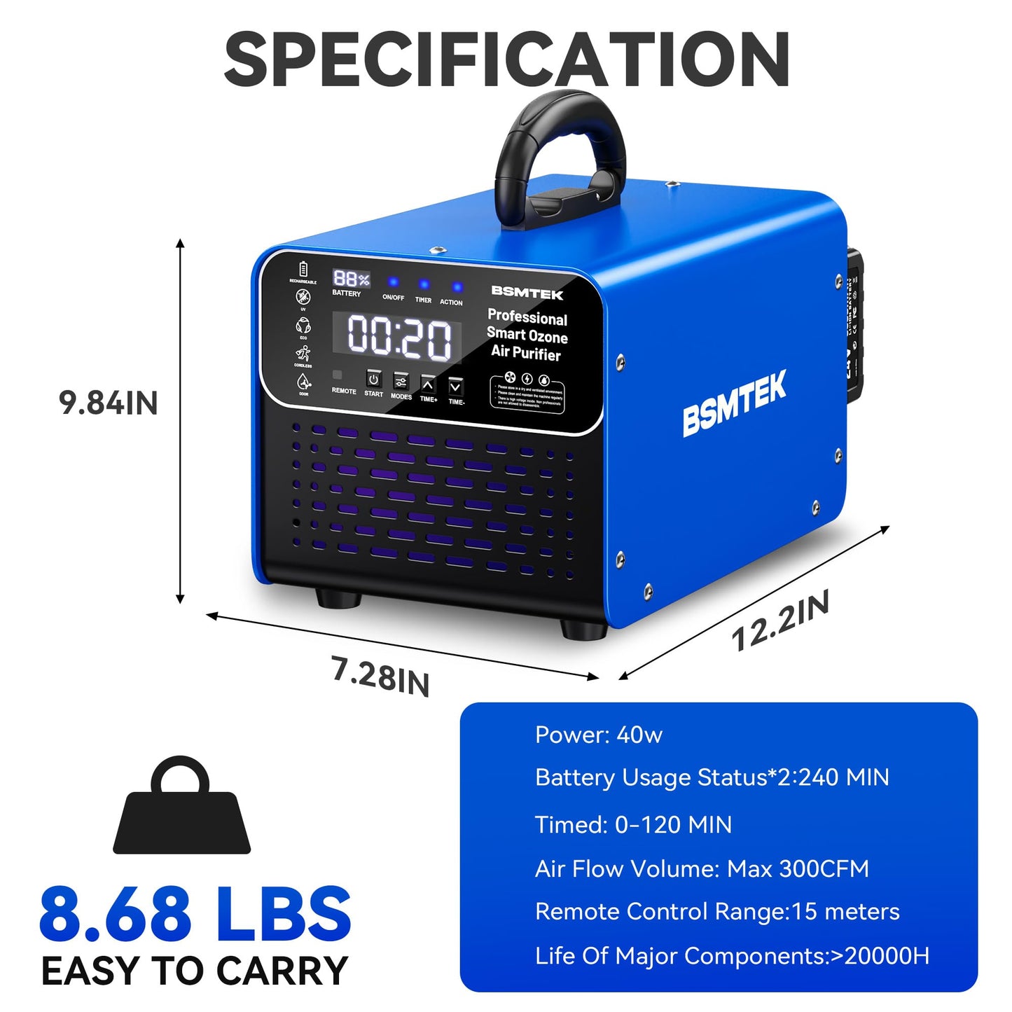 BSMTEK Cordless Ozone Generator with 2X 5000mAh Battery & Quick Charger, 24V Professional Grade Ozone Machine, Deodorizer, With Remote Control
