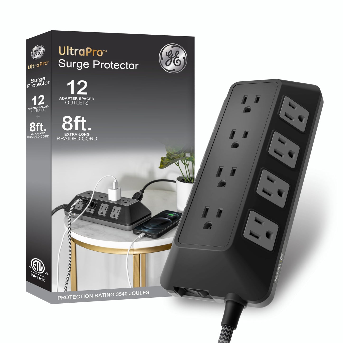 GE UltraPro 12-Outlet Surge Protector, 8 Ft Braided Extension Cord, Multi Plug Outlet Extender, Adapter Spaced, Flat Plug, for Home, Office, Dorm