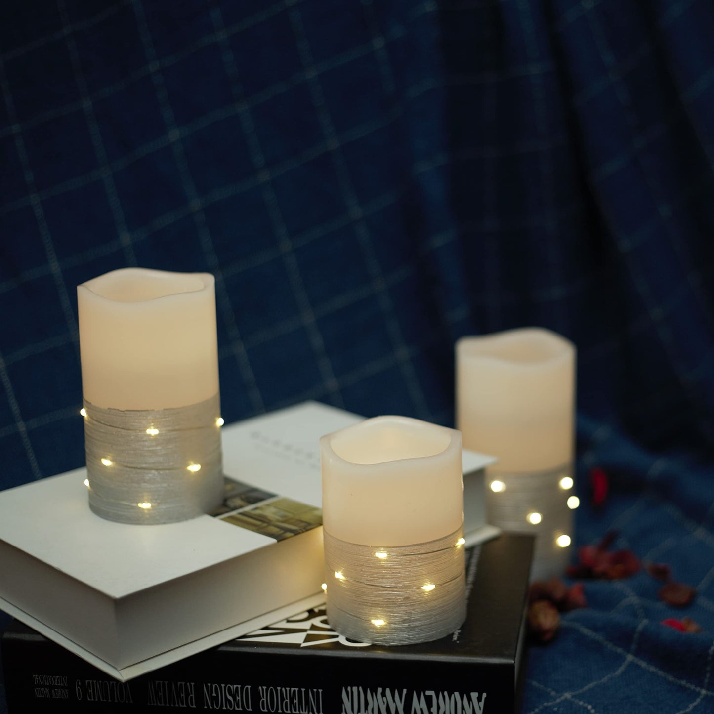 H-BLOSSOM Flickering Flameless Candles Ivory Real Wax Pillar with Embedded String Lights LED Candles Battery Operated with 10 Key Remote and Cycling
