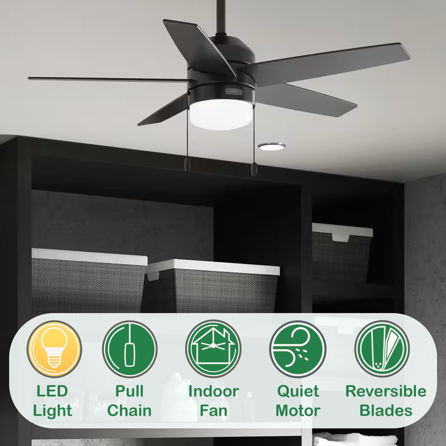 Hunter Fan 44 inch Casual Matte Black Finish Indoor Ceiling Fan with LED Light Kit and Pull Chain (Renewed)