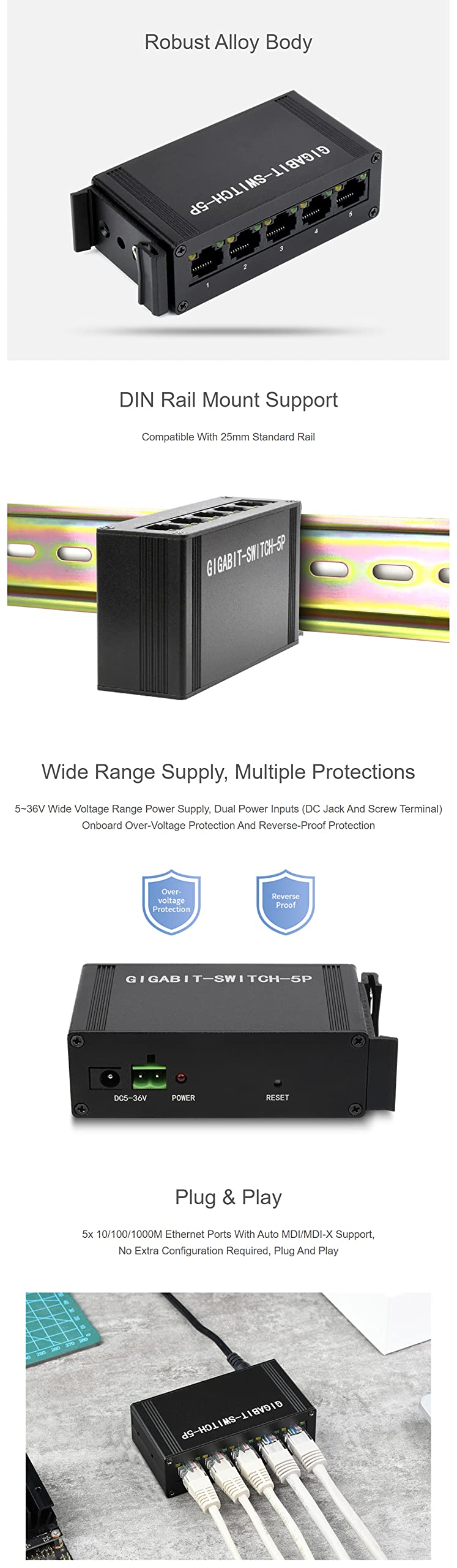 Coolwell Industrial Grade 5P Gigabit Ethernet Switch, 5X 10/100/1000M Ethernet Ports, Support DIN Rail Mount, IEEE 802.3X-Compliant