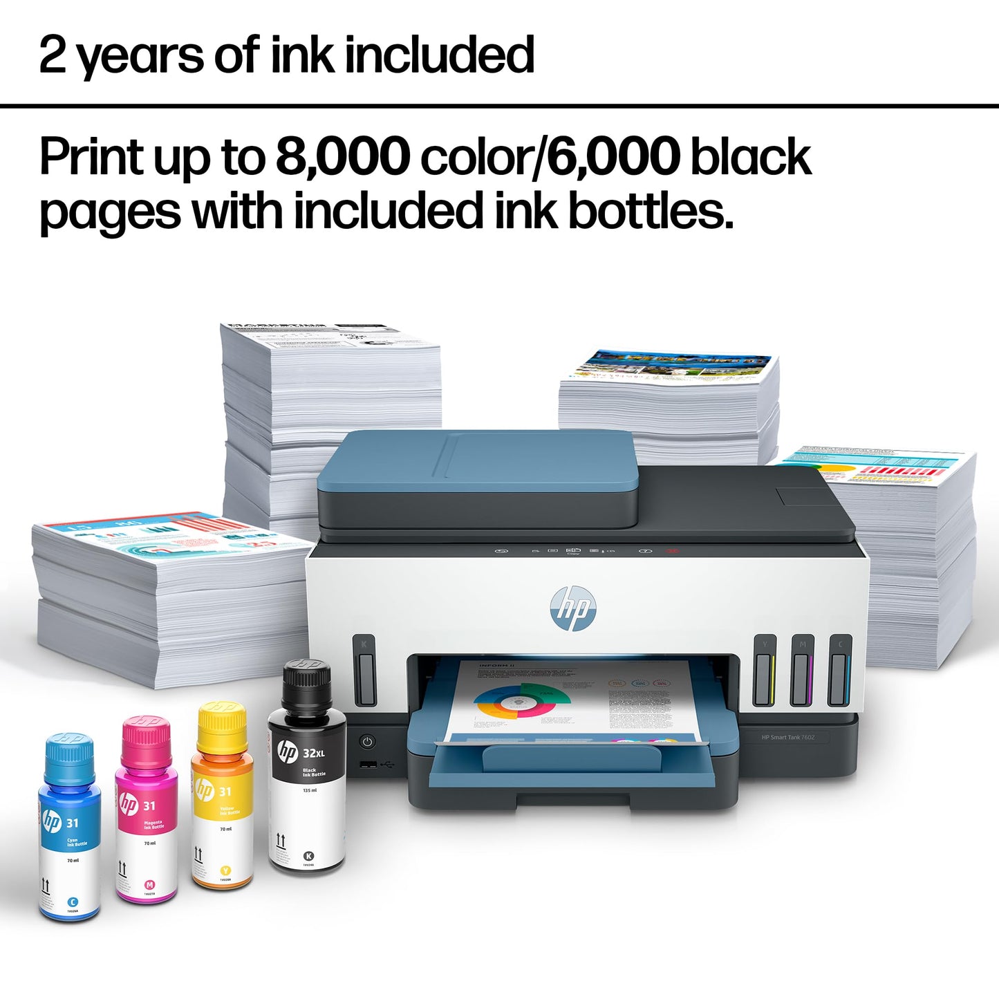 HP Smart Tank 7602 Wireless All-in-One Ink Tank Printer, Scanner, Copier with 2 Years of Ink Included, Best-for-Home Office, Cartridge-Free