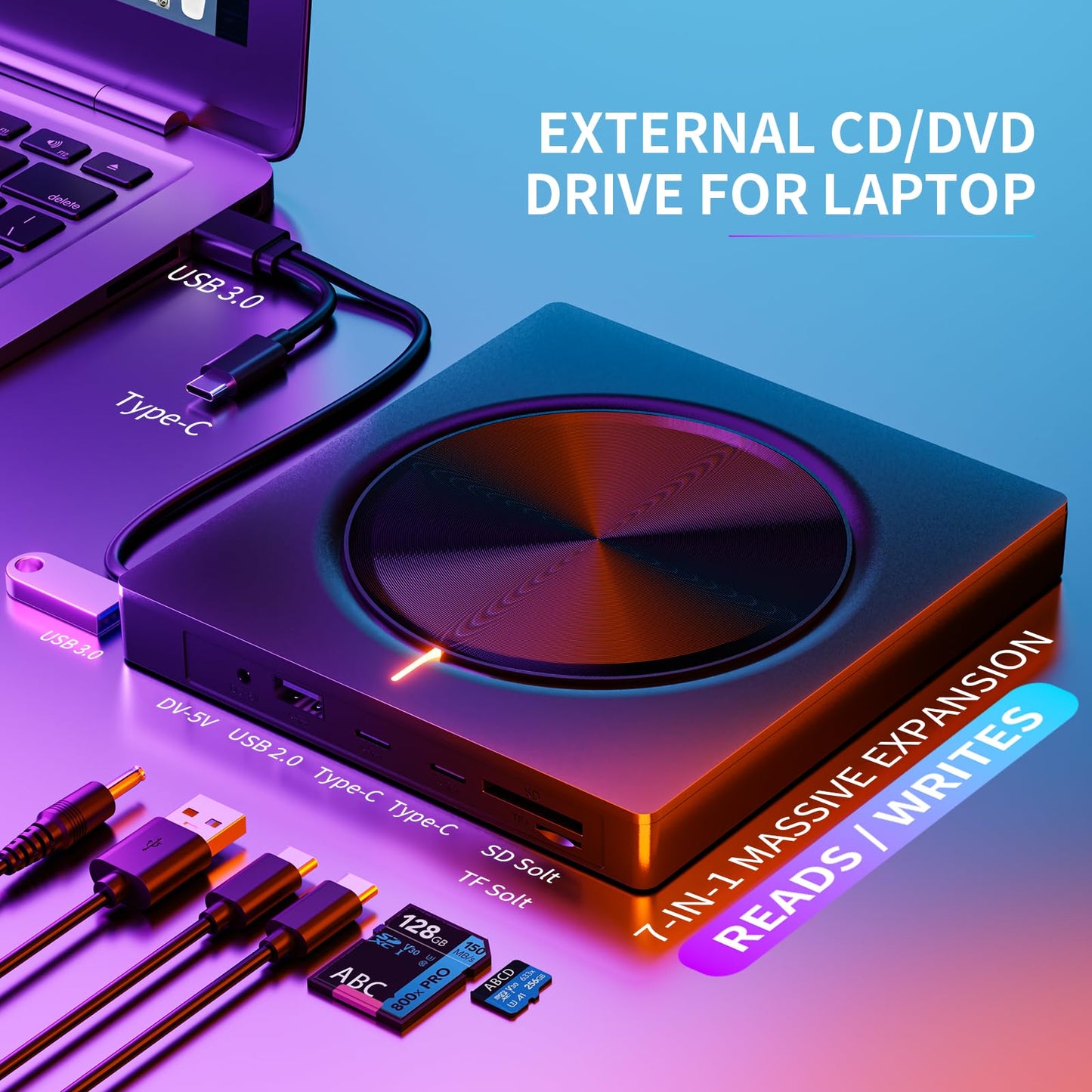 Umaniy External CD/DVD Drive,8 in 1 DVD Player for Laptop,USB 3.0 Portable DVD Reader Writer ROM Drive,CD Burner External Disk Drive Compatible