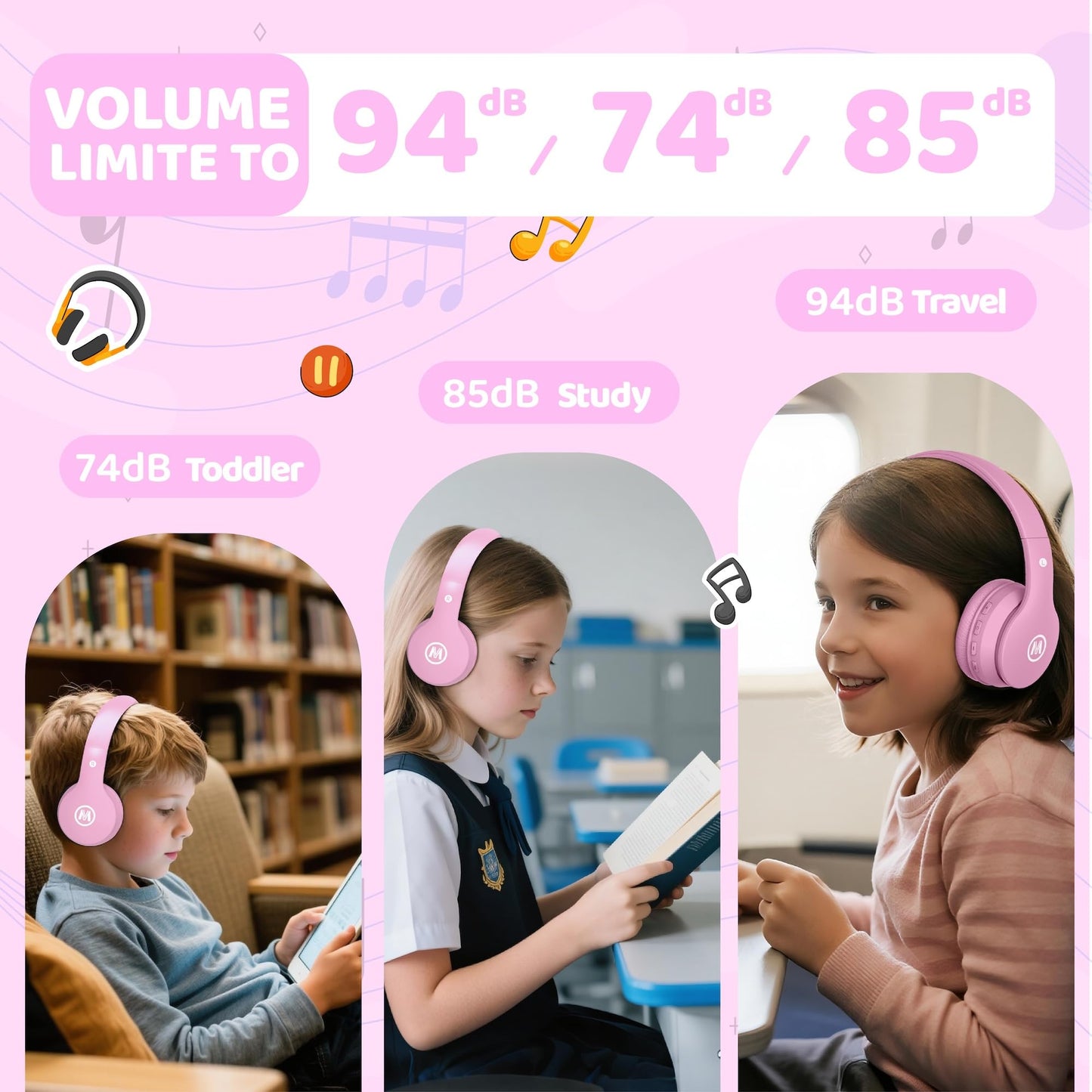 Mokata Headphones Kids Bluetooth 5.4 Wireless Play Time 68H Safe Volume Limit 85/94dB Over-Ear Foldable Headset,Fast Charging,with Aux Cord Built-in…