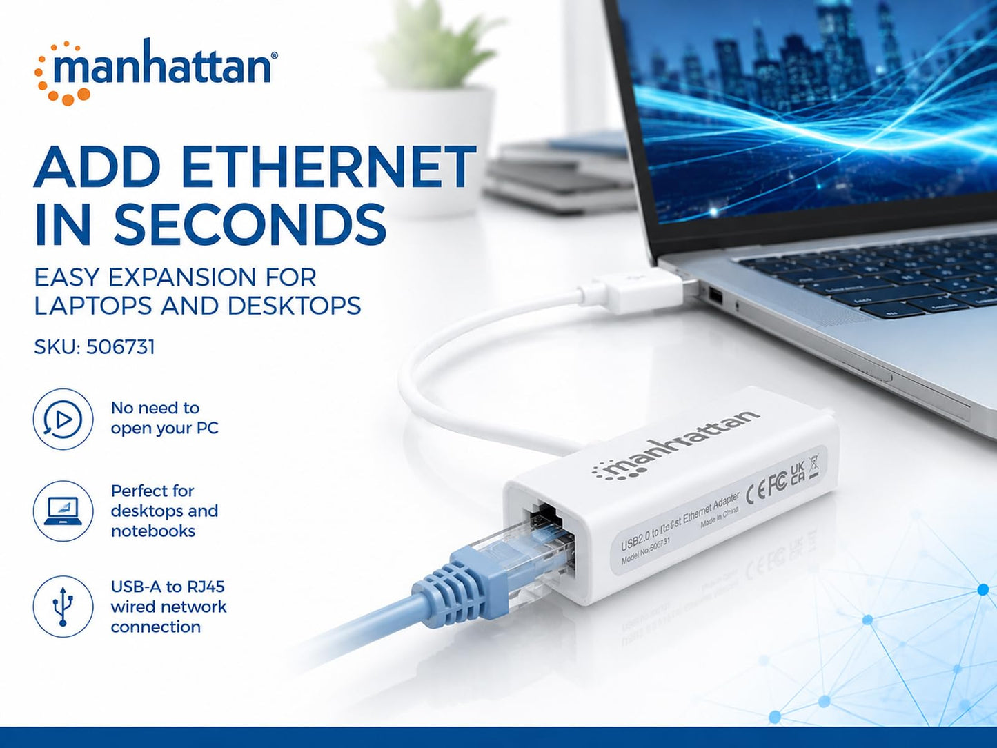 Manhattan USB to Ethernet Adapter - 10 / 100 Mbps Fast Ethernet LAN Network - Support Windows 10/8.1/8/7/Vista/XP for Desktop Laptop Apple MacBook
