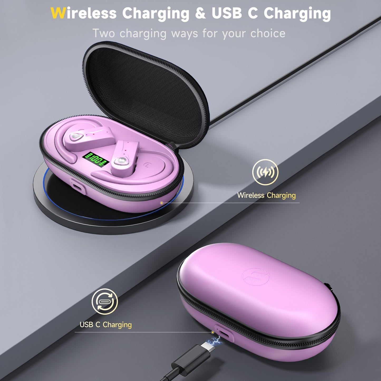 Bluetooth Headphones Noise Canceling 4 Mics Clear Call Stereo Bass Sound 60H Playtime Wireless Charging Case Over Ear Earphones LED Digital Display…
