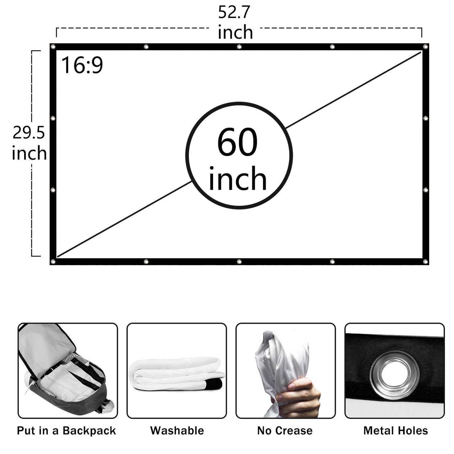Jscreen 60 inch Projector Screen 16:9 HD Foldable Anti-Crease Portable Projection Movies Screen for Home Theater Outdoor Indoor Support Double Sided