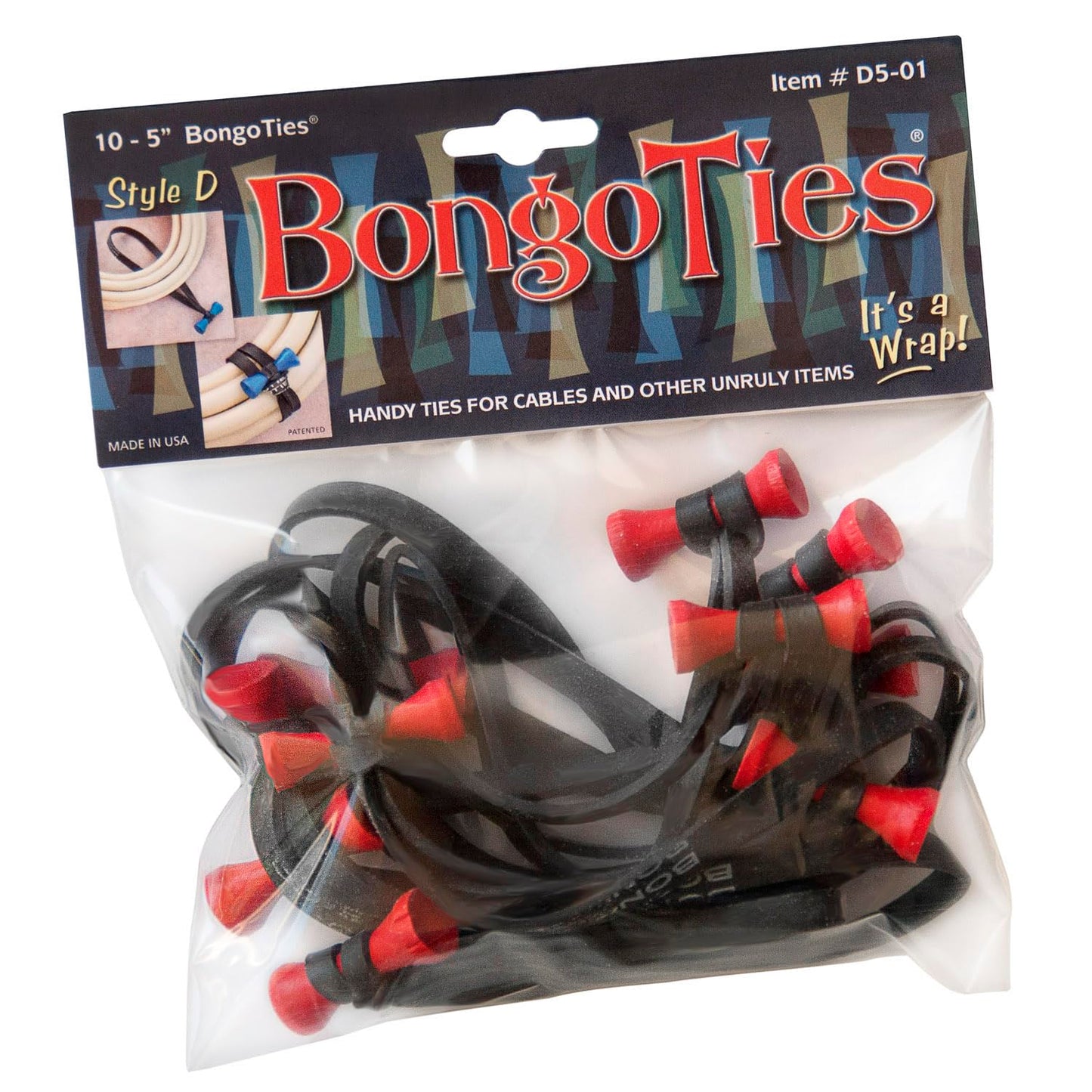BongoTies RED & BLACK "Lava" Bongo Ties - 10 Pack "Style-D" ~ Professional cable ties made of natural rubber and bamboo ~ HANDY TIES FOR CABLES