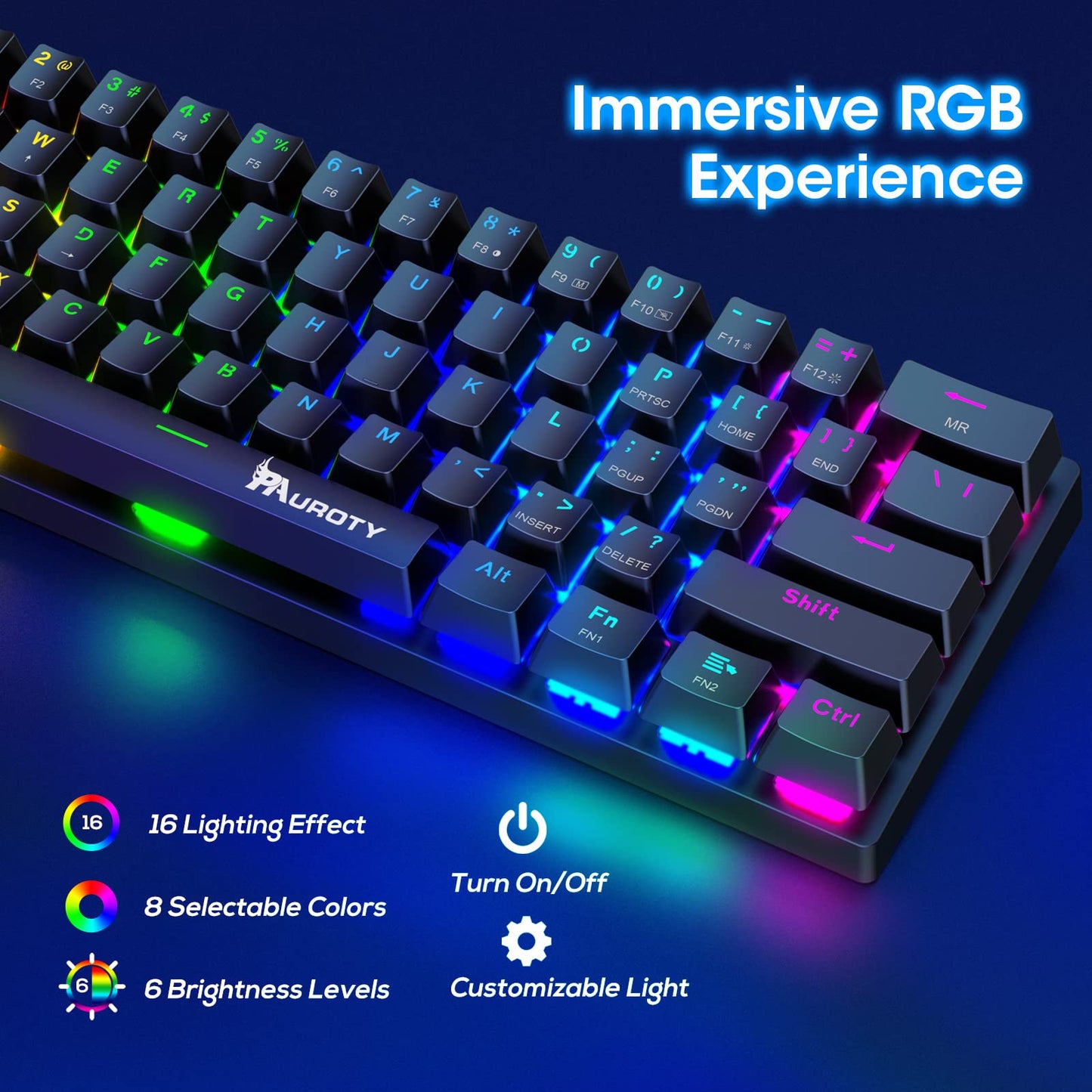 Pauroty 60% Wireless Mechanical Keyboard, Triple Mode 2.4G/USB-C/Bluetooth Gaming Keyboard, RGB Backlit, Clicky Blue Switch, 61 Keys Rechargeable Mini