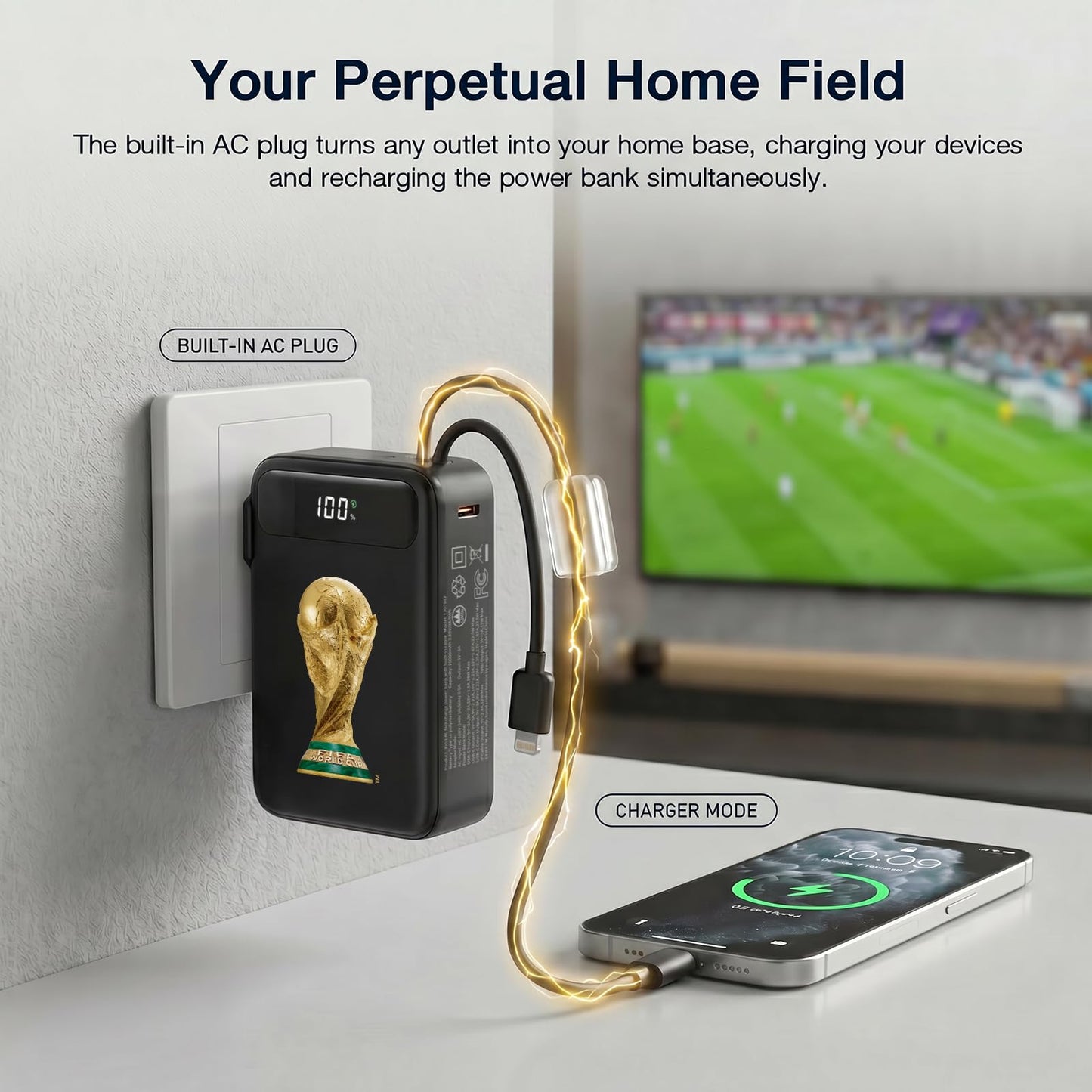 2026 FIFA Licensed Power Bank with Built-in Cable and Foldable Wall Plug, 22.5W 10000mAh Portable Charger, 3-in-1 Power Bank for iPhone 17/16/15