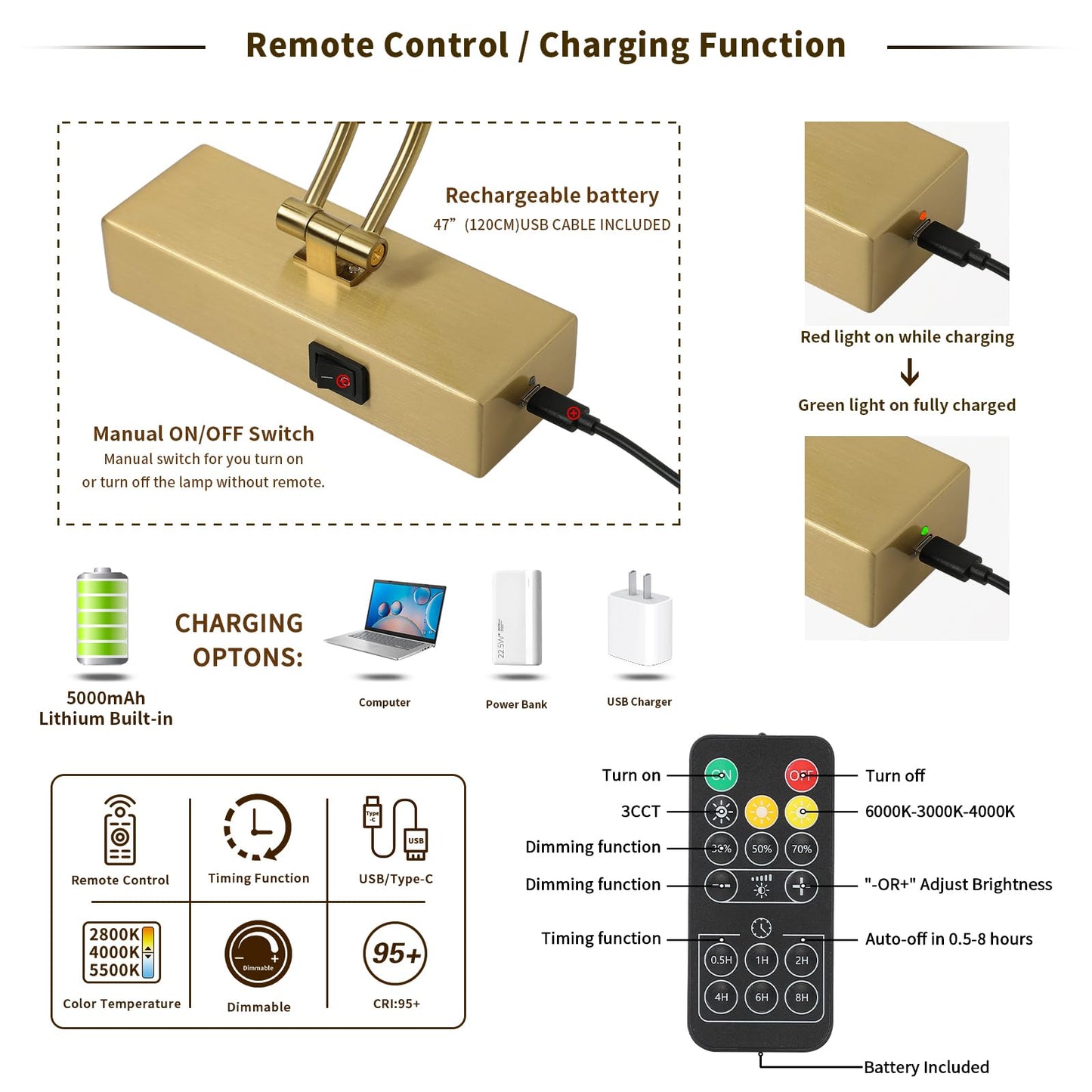 7Degobii Battery Operated Picture Light with Remote,Wireless Gallery Lights Brass 12in Rechargeable Display Light with Flexible Swing Arm,Dimmable