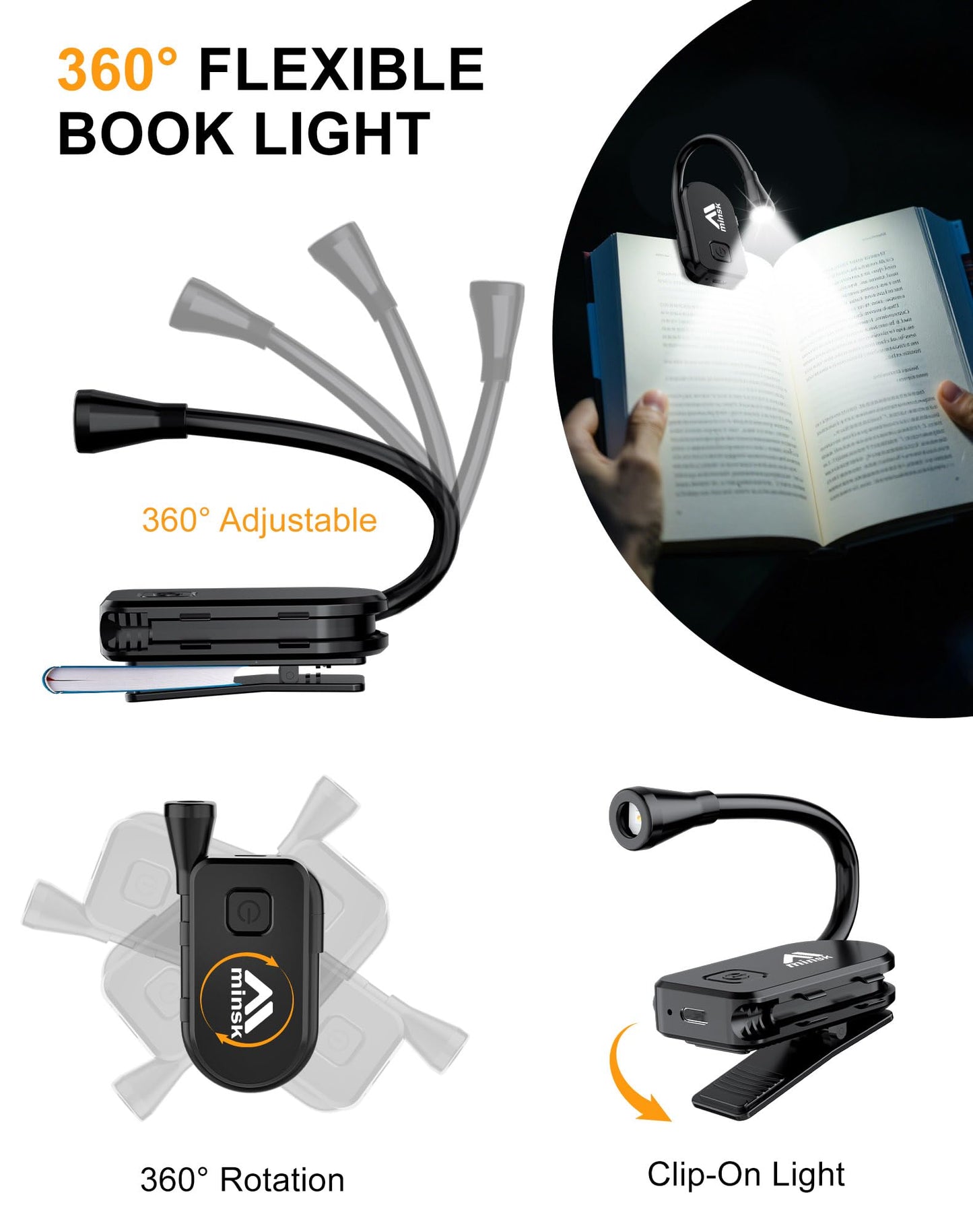 Minsk All-in-One Clip On Reading Light, 360° Flexible Neck, 3 Color Stepless Dimming Eye Care Lamp, USB Rechargeable, 80Hrs Runtime, Portable Light