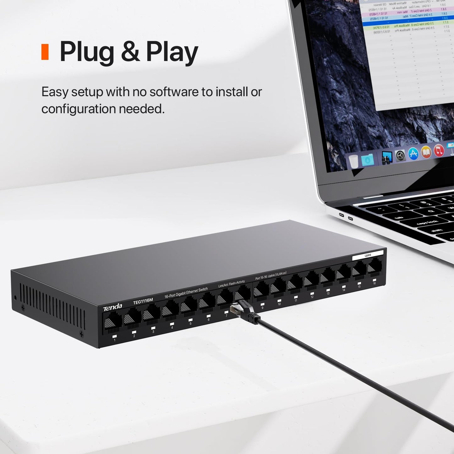 Tenda TEG1116M 16 Port Gigabit Switch, Unmanaged Ethernet Switch with Traffic Optimization, Plug & Play, Fanless & Metal Design Network Switch