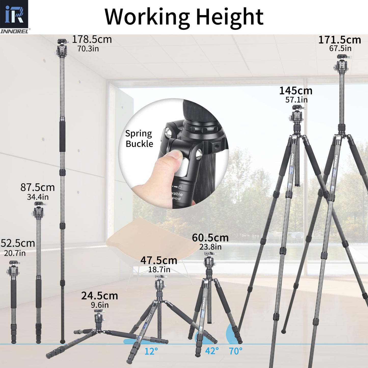 Carbon Fiber Tripod-INNOREL RT75C Super Professional Tripod Monopod Heavy Duty Stand Support Low Gravity Center 360°Panoramic ballhead for Digital