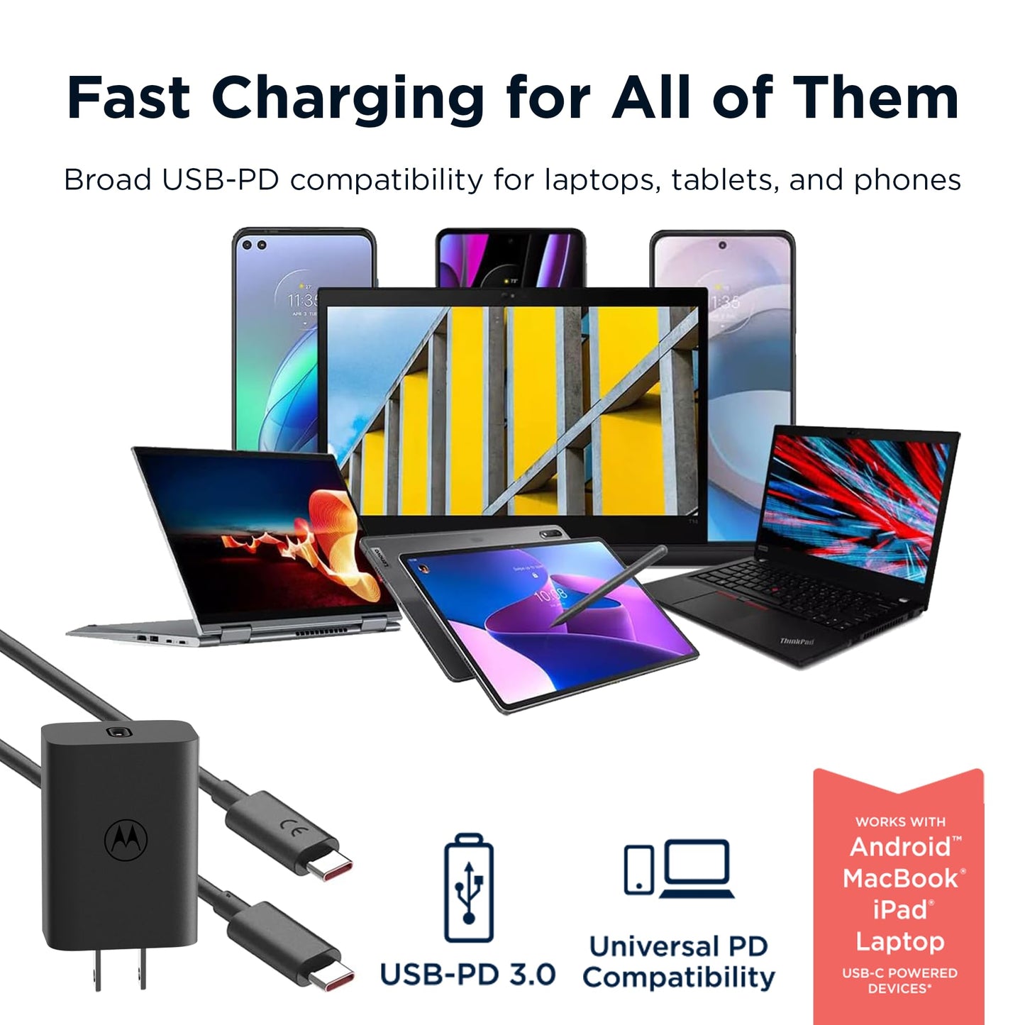 Motorola TurboPower 68W USB-C Wall Charger + 3.3ft 6.5 Amp Cable, Fastest for Moto G Stylus (2025/2026),Motorola Razr+ (Plus) 2025/2024,Razr