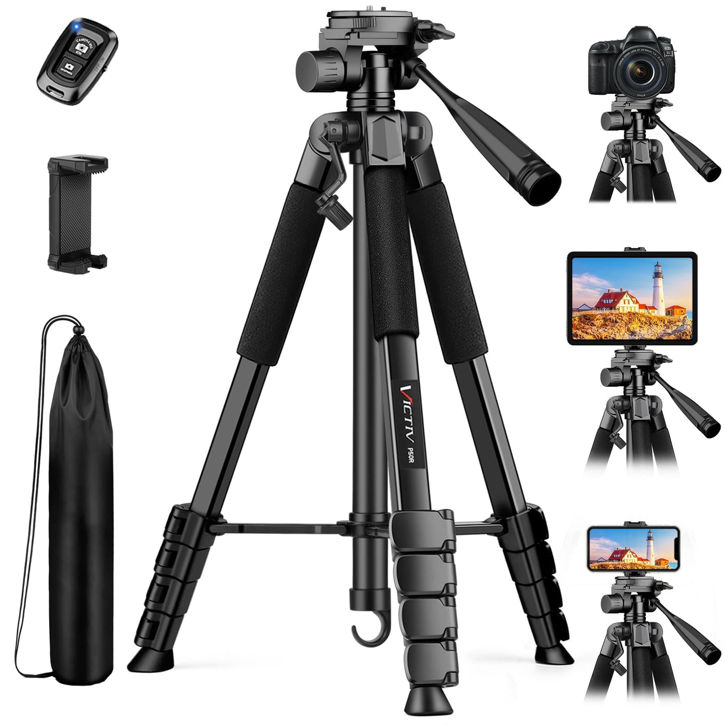 Camera Tripod Stand, 68" Phone Tripod for Tablet with Remote and Holder, Lightweight and Compact Travel Tripod for Canon Sony Camera, Compatible