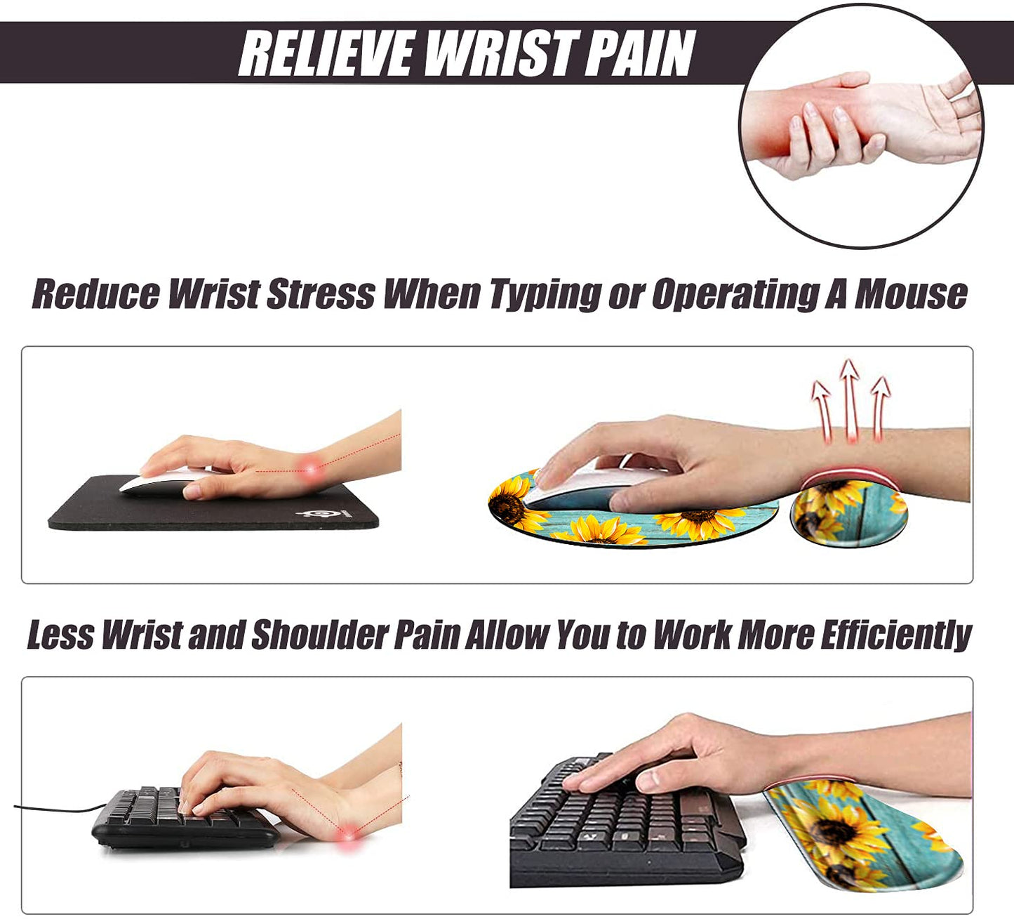 Sunflower Mouse Pad and Keyboard Wrist Rest Ergonomic Wrist pad for Keyboard and Mouse Mat Set 4 in 1 Mousepad with Wrist Support Memory Foam Computer