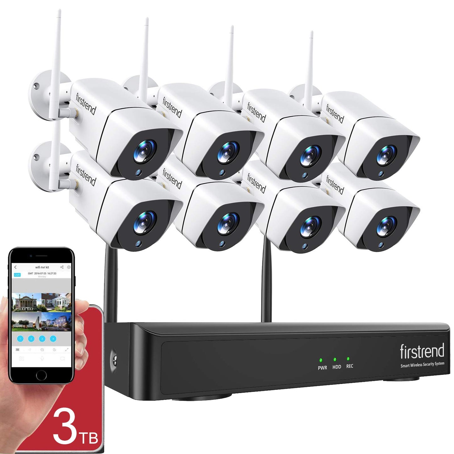 1080P Wireless Security Camera System, Firstrend 8CH Wireless NVR System with 8 pcs 1080P HD Security Camera and 3TB Hard Drive Pre-Installed, CCTV