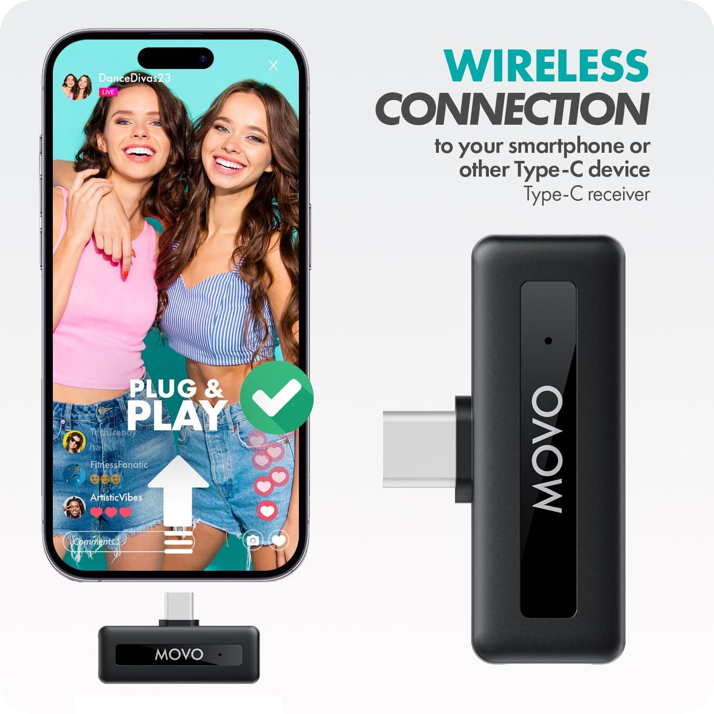 Movo WM-VXR10 Wireless Shotgun Mic Adapter for USB-C/iPhone 15 and up/Android Devices - Compatible VXR10, VXR10-PRO, and Rode VideoMicro
