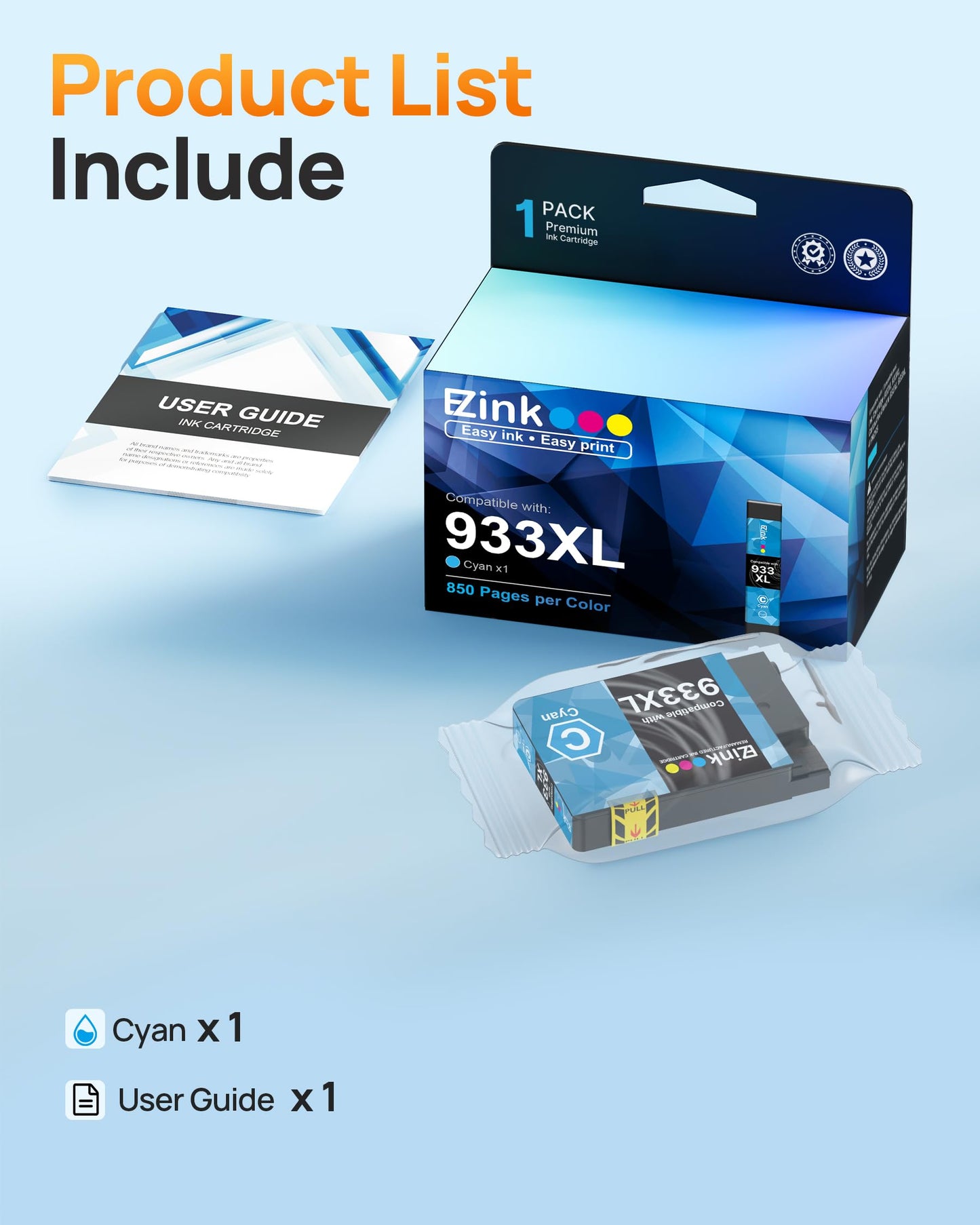 E-Z Ink 933xl Cyan Ink Cartridge Replacement for hp 933XL 932 XL Ink cartridges to Use with Officejet 6100 6600 6700 7110 7510 7610 7612 Printer (1
