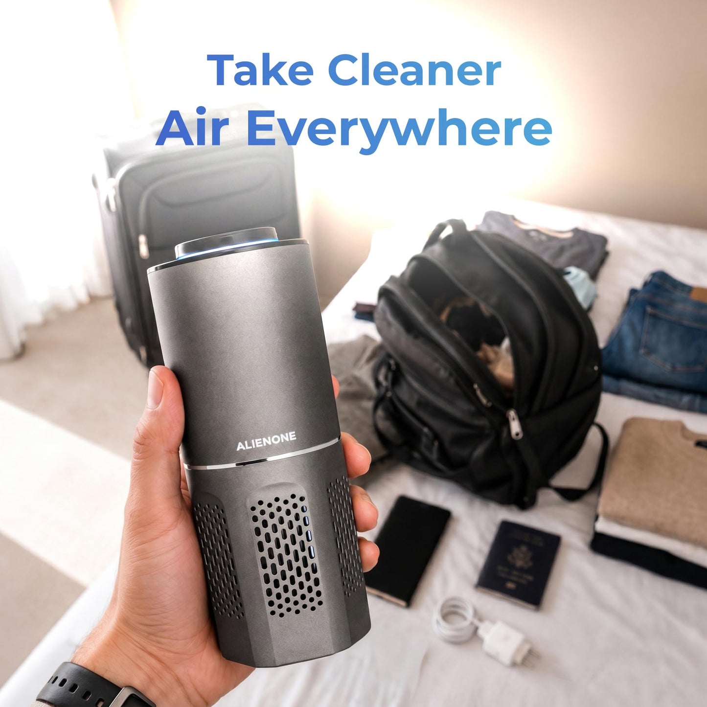 ALIENONE AP-C2-D Car Air Purifier, Portable Personal Mini Unit for Car Home Office Bedroom Desk Travel RV Camping, Compact Quiet Design, 360° Airflow