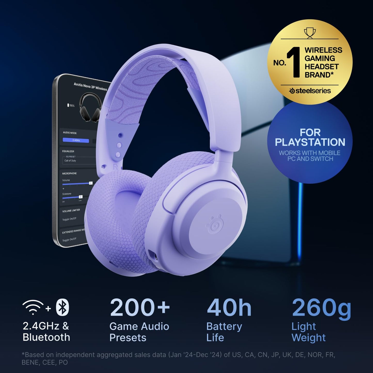 SteelSeries Arctis Nova 3P Wireless Gaming Headset, Mobile App Control, 40 HR Battery, Neodymium Magnetic Drivers, 2.4GHz/Bluetooth Compatible