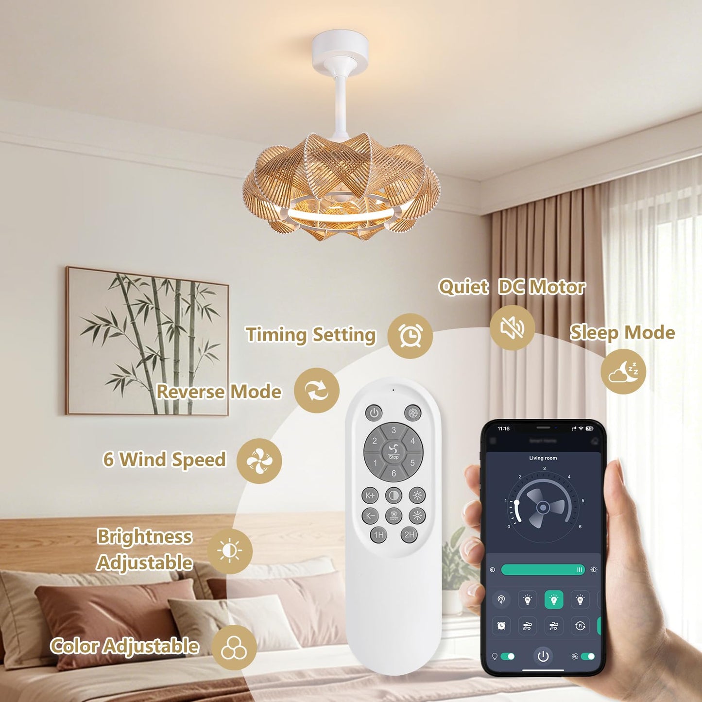NOXARTE 20 inch Rattan Ceiling Fan with Lights, Dimmable Boho Fandelier, Farmhouse Caged Fan, Chandelier Ceiling Fan with 6 Speeds for Bedroom, Living