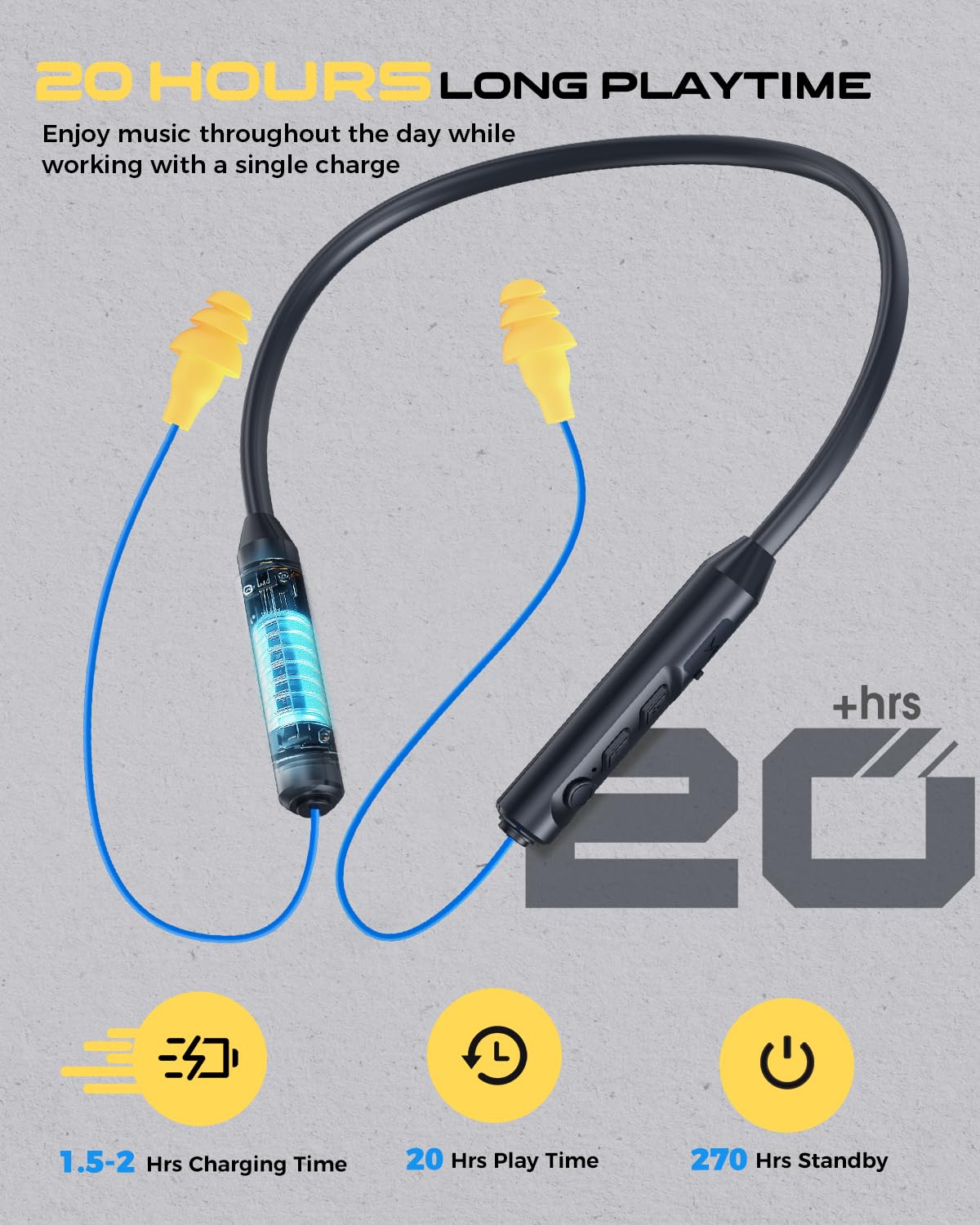 MIPEACE Bluetooth Earplug Headphones, Neckband Wireless Earbuds earplugs-29db Noise Reduction isolating in-Ear earplug Earphones and Controls,IPX6