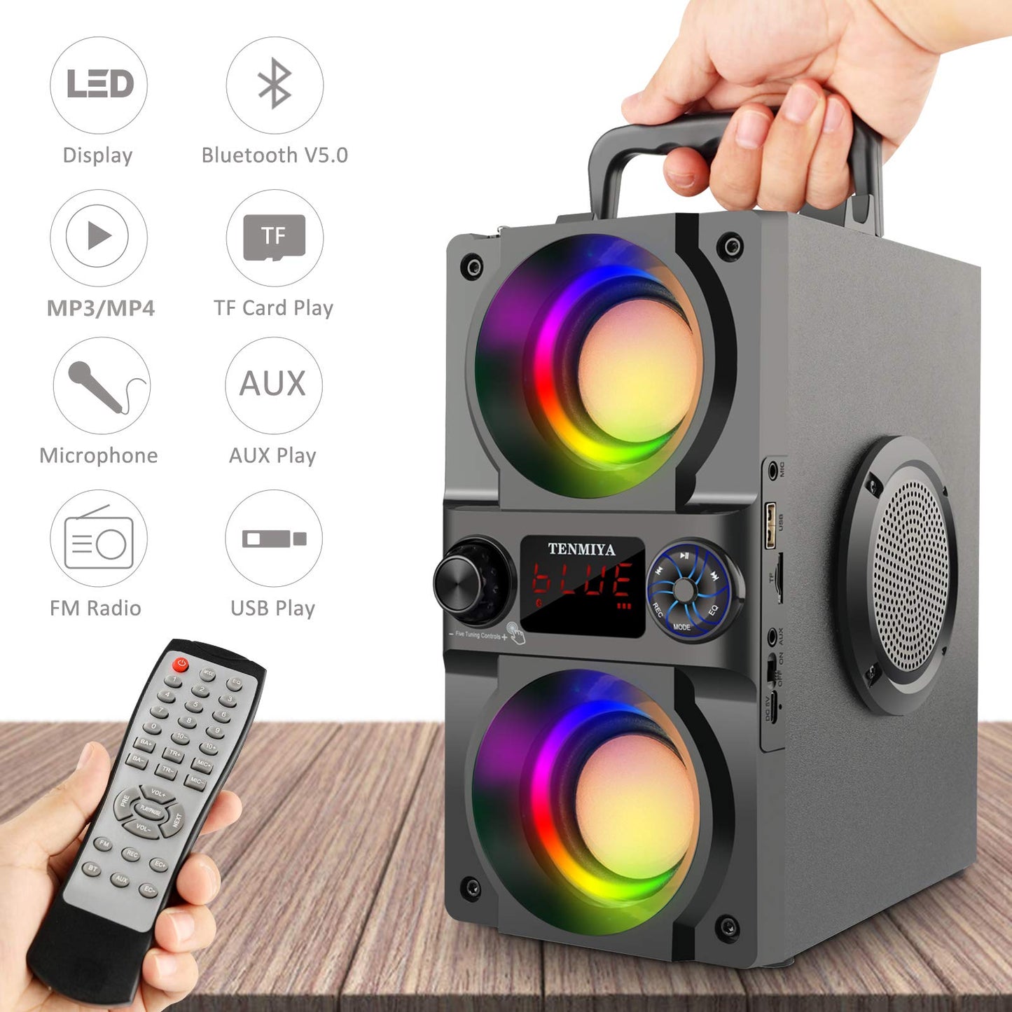 Bluetooth Speaker, 40W (60W Peak) Portable Wireless Speaker with Colorful Lights, Double Subwoofer Heavy Bass, FM Radio, MP3 Player, Bluetooth 5.0