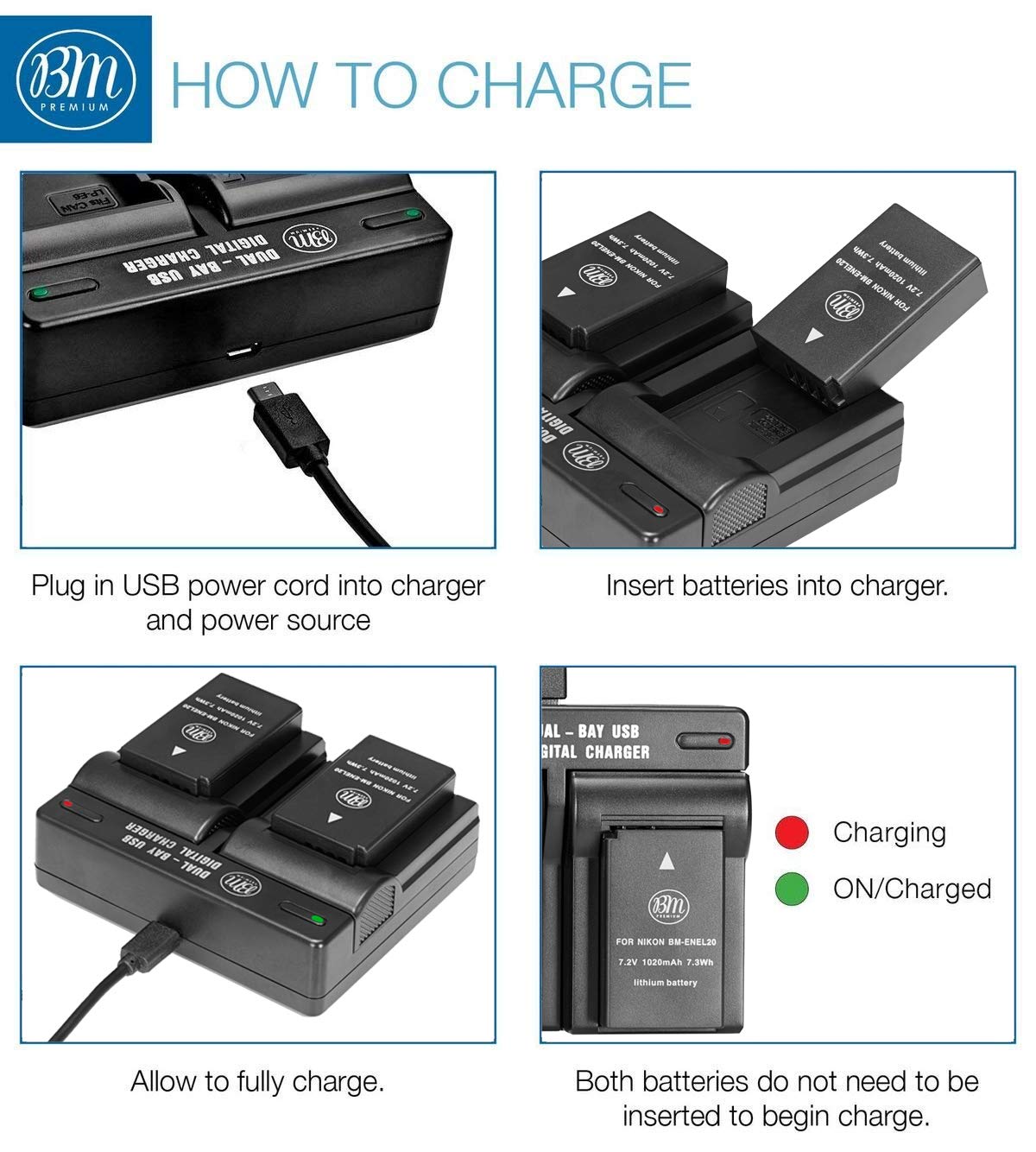 BM Premium EN-EL20, ENEL20A Dual Battery Charger for Coolpix P950, P1000, Nikon DL24-500, Coolpix A, 1 J1, 1 J2, 1 J3, 1 S1, 1 V3 Digital Camera