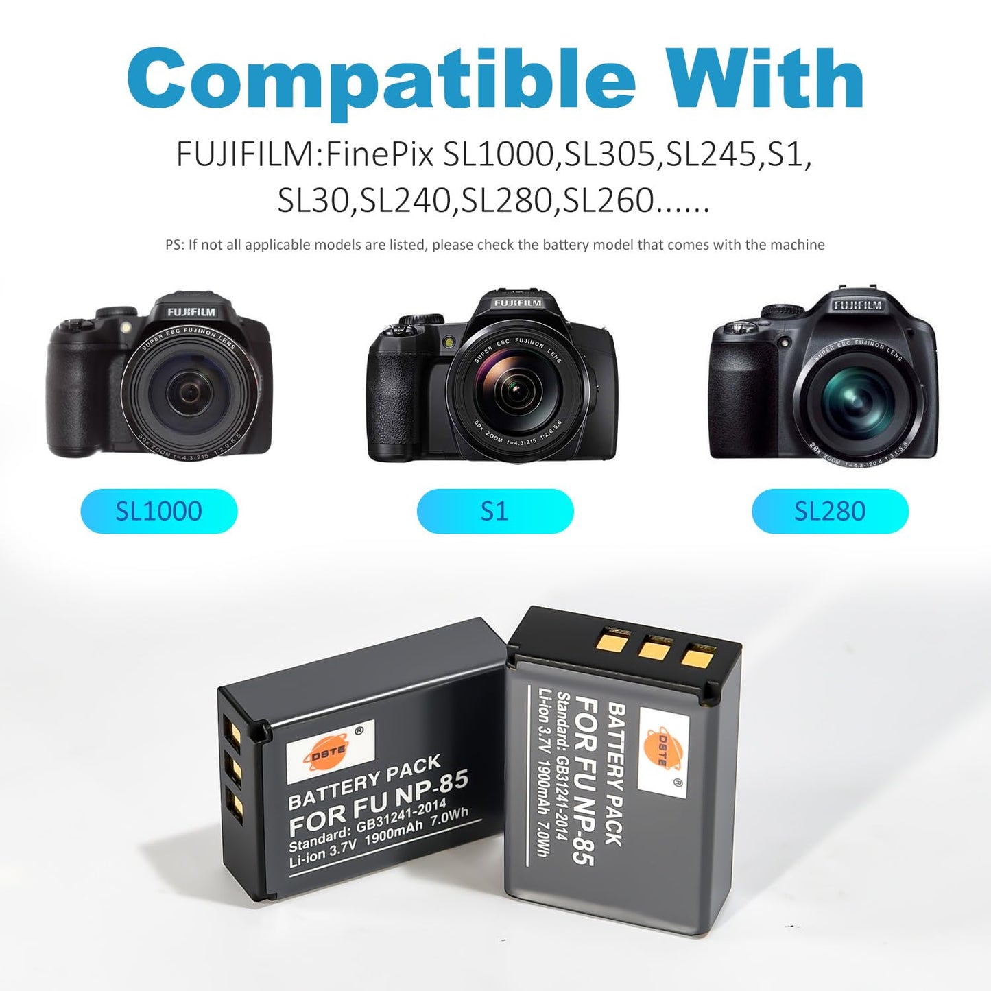 DSTE 2-Pack NP-85 Battery + Travel and Car Charger Compatible for Fujifilm FinePix S1 SL240 SL260 SL280 SL300 SL305 SL1000 Digital Camera