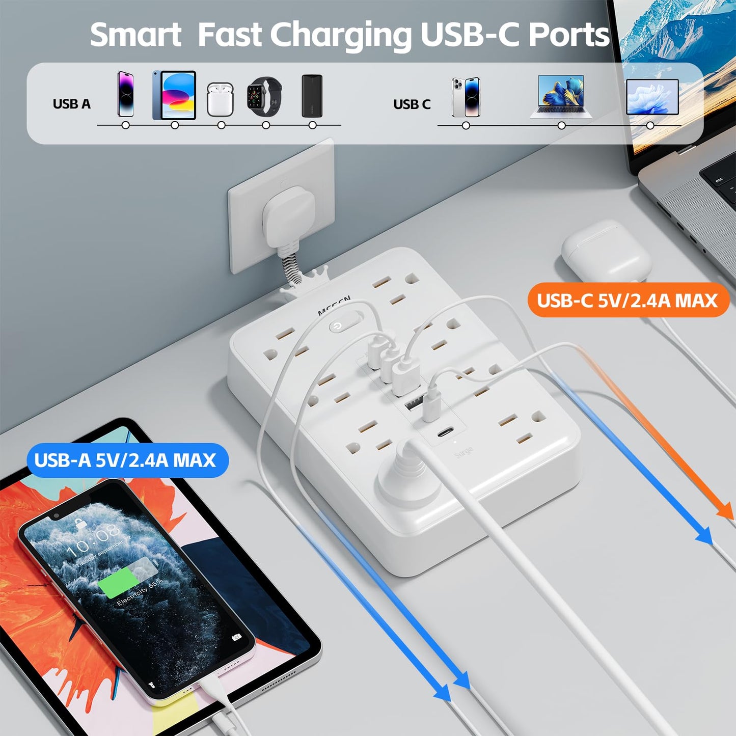 Short Extension Cord 0.082 ft - Flat Plug Small Power Strip Surge Protector with 8 Outlets, 6 USB Charging Ports (2 USB-C), Multi Plug Wall Outlet