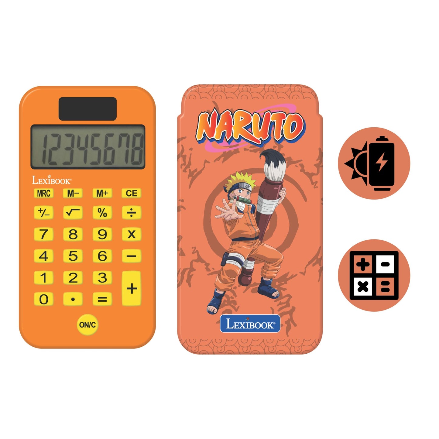 Lexibook, Naruto, Pocket Calculator with Protection Cover, Conventional and Advanced Calculator Functions, Battery and Solar-Powered, Orange, C45NA