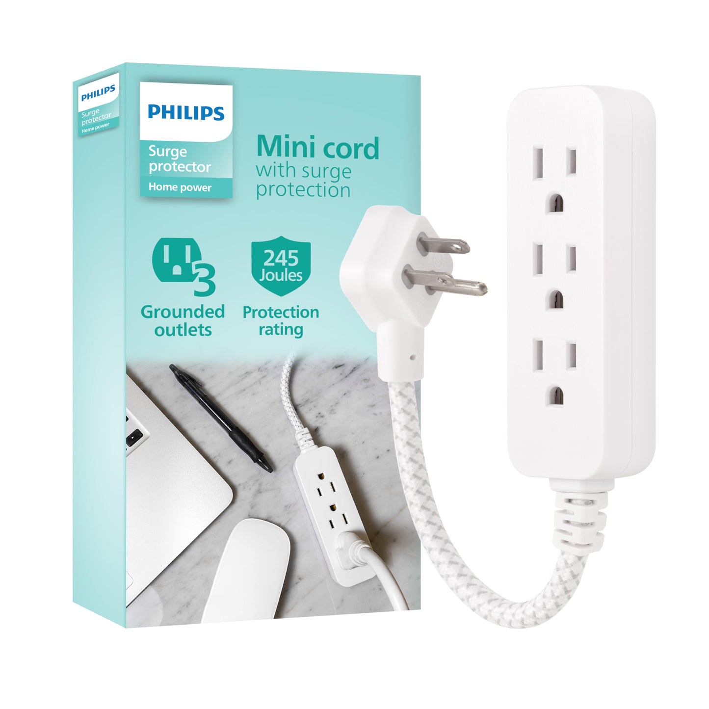 Philips 3-Outlet Grounded Mini Extension Cord with Surge Protection, 5 Inch Indoor Extension Cord, Flat Plug Power Strip, 245 Joules, Short Power