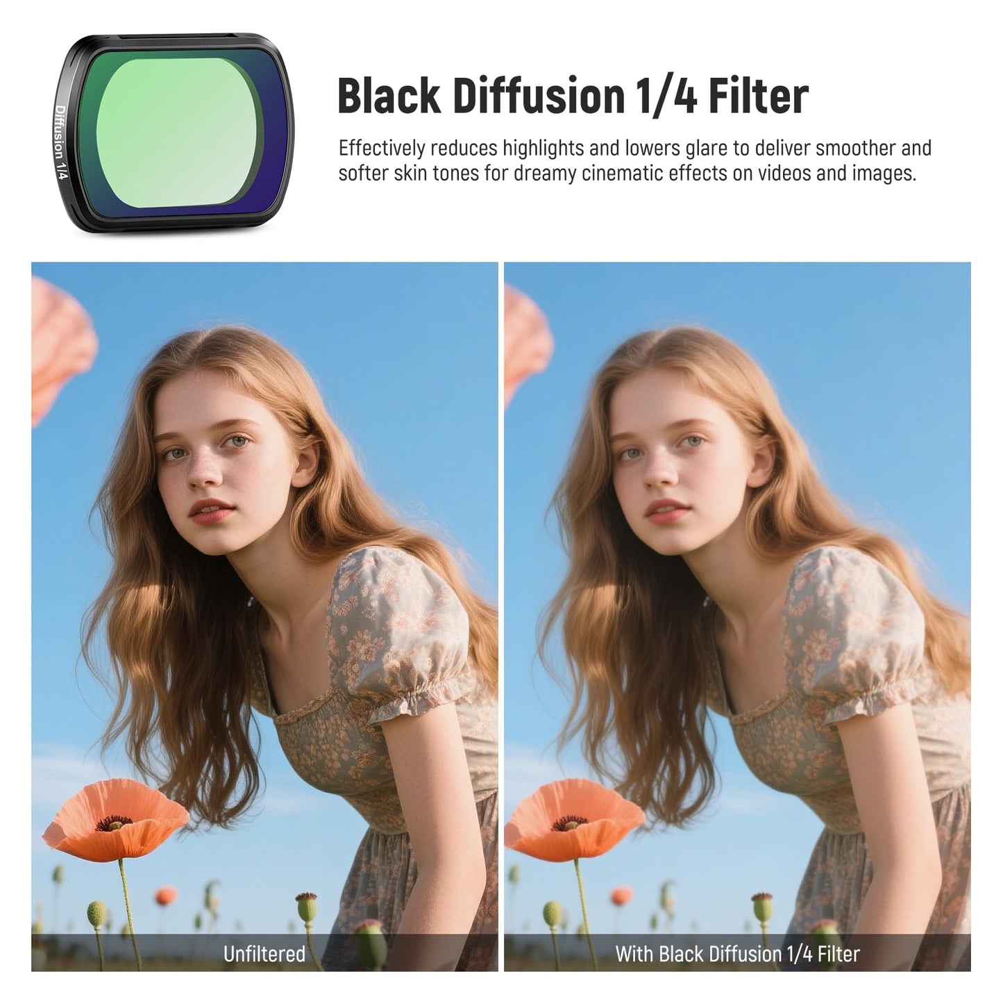 NEEWER 1/4 Black Diffusion Filter & Wide Angle Lens Compatible with DJI Osmo Pocket 3 Creator Combo Accessories, 108° FOV, Dreamy Cinematic Effect