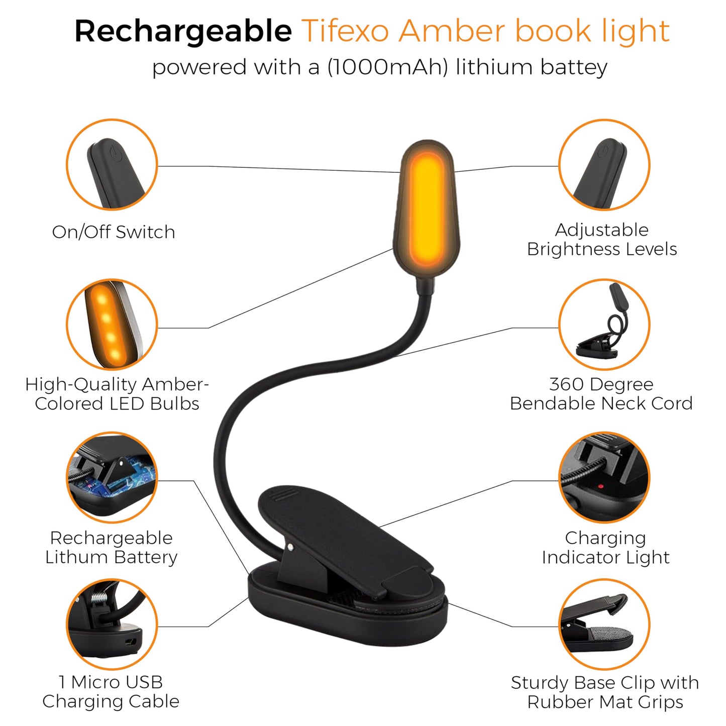 TIFEXO 2025 Amber Lights for Reading Books in Bed - Rechargeable Clip On Amber LED Light with USB Cable, Optimal Eye-Care Lights for Relaxing Reading