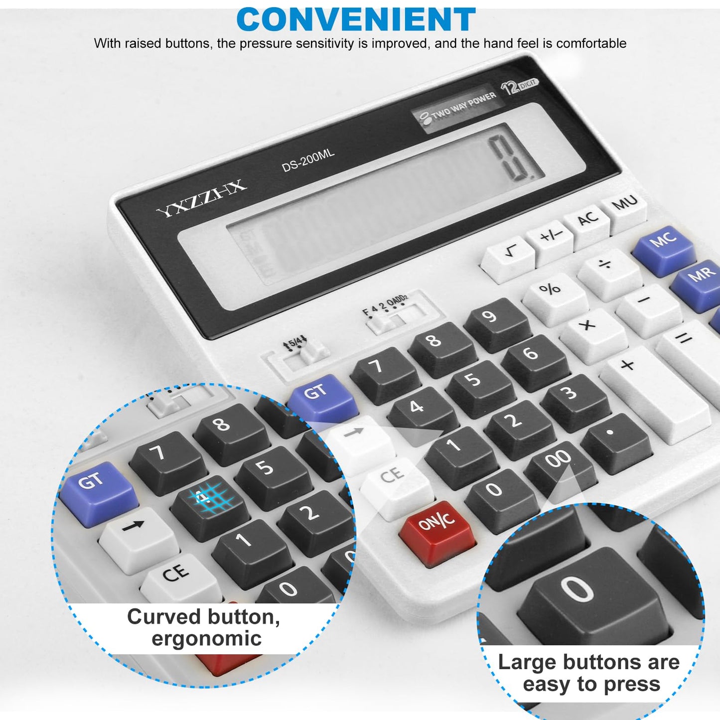Desk Calculator 12 Digit Extra Large 4.3-Inch LCD Display, Two Way Power Battery and Solar Calculators Desktop, Big Buttons Easy to Press Used as
