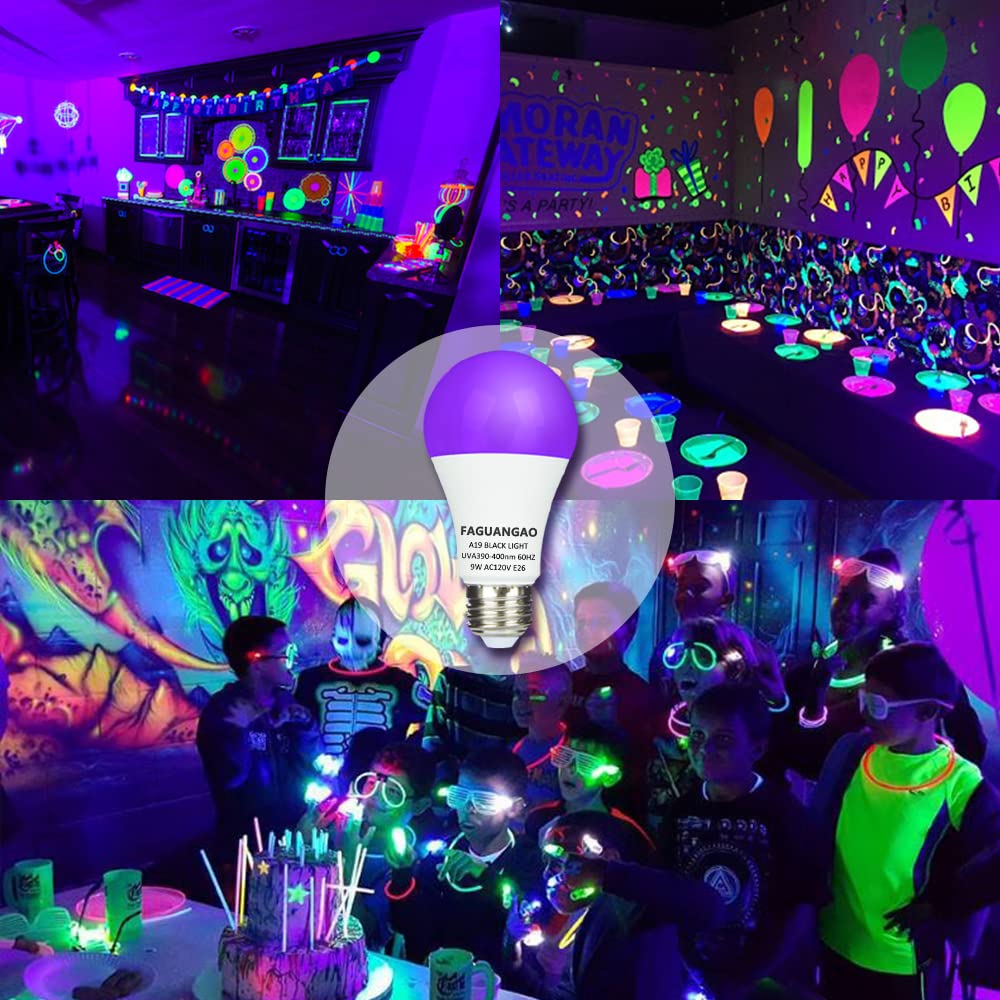 FAGUANGAO LED Black Light Bulb,9W(75Watt Equivalent) A19 UV Blacklight Bulb,120V,UVA Level 390-400nm,E26 Medium Base,Glow in The Dark for Blacklight