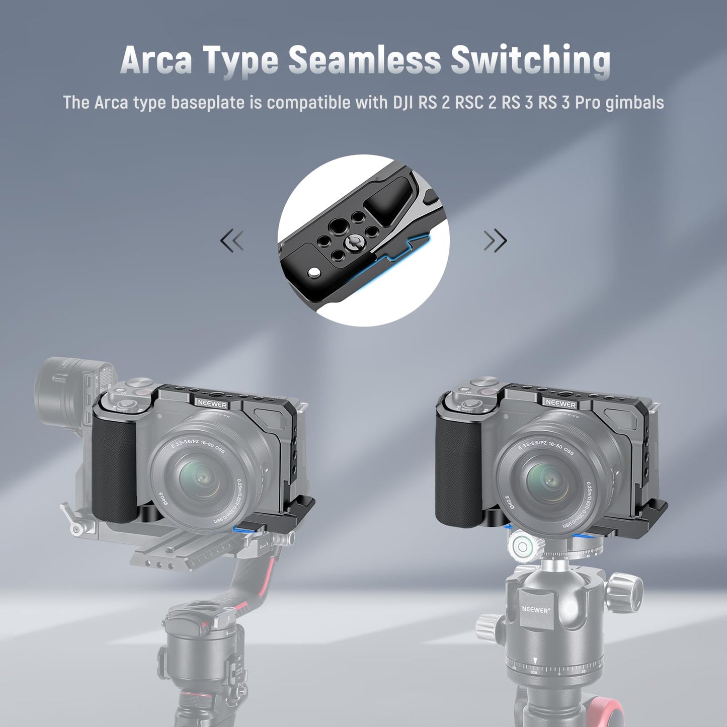 NEEWER ZV-E10 Camera Cage with Silicone Grip, 1/4" Threads, 3/8" ARRI Locating Holes, Arca Type QR Base, Protective Metal Video Rig Compatible