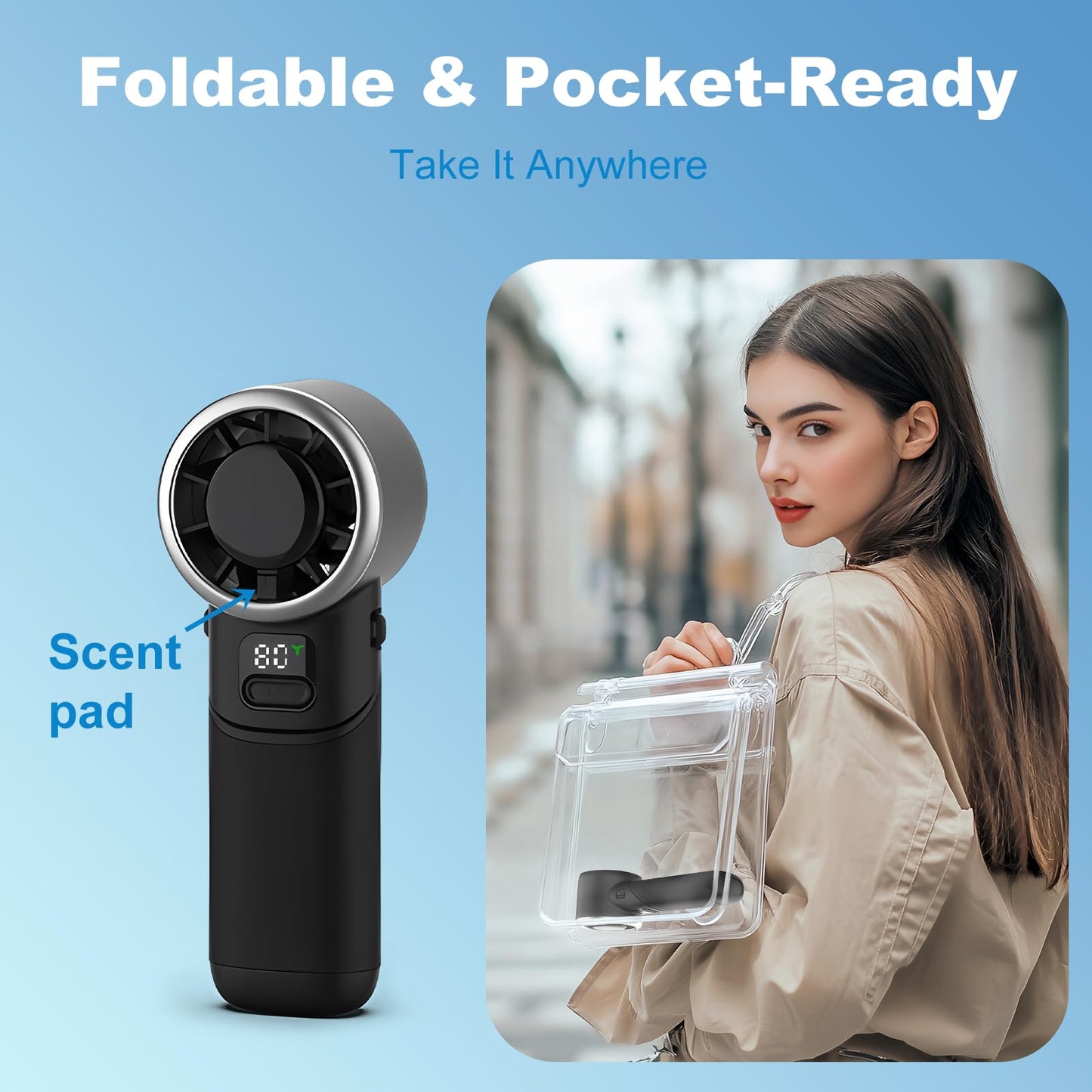 Nqimoed Portable Handheld Turbo Fan, USB Rechargeable Personal Mini Fan, LED Display, 5 Speed, 10H Cooling Time, Foldable Design, Powerful Turbo Small