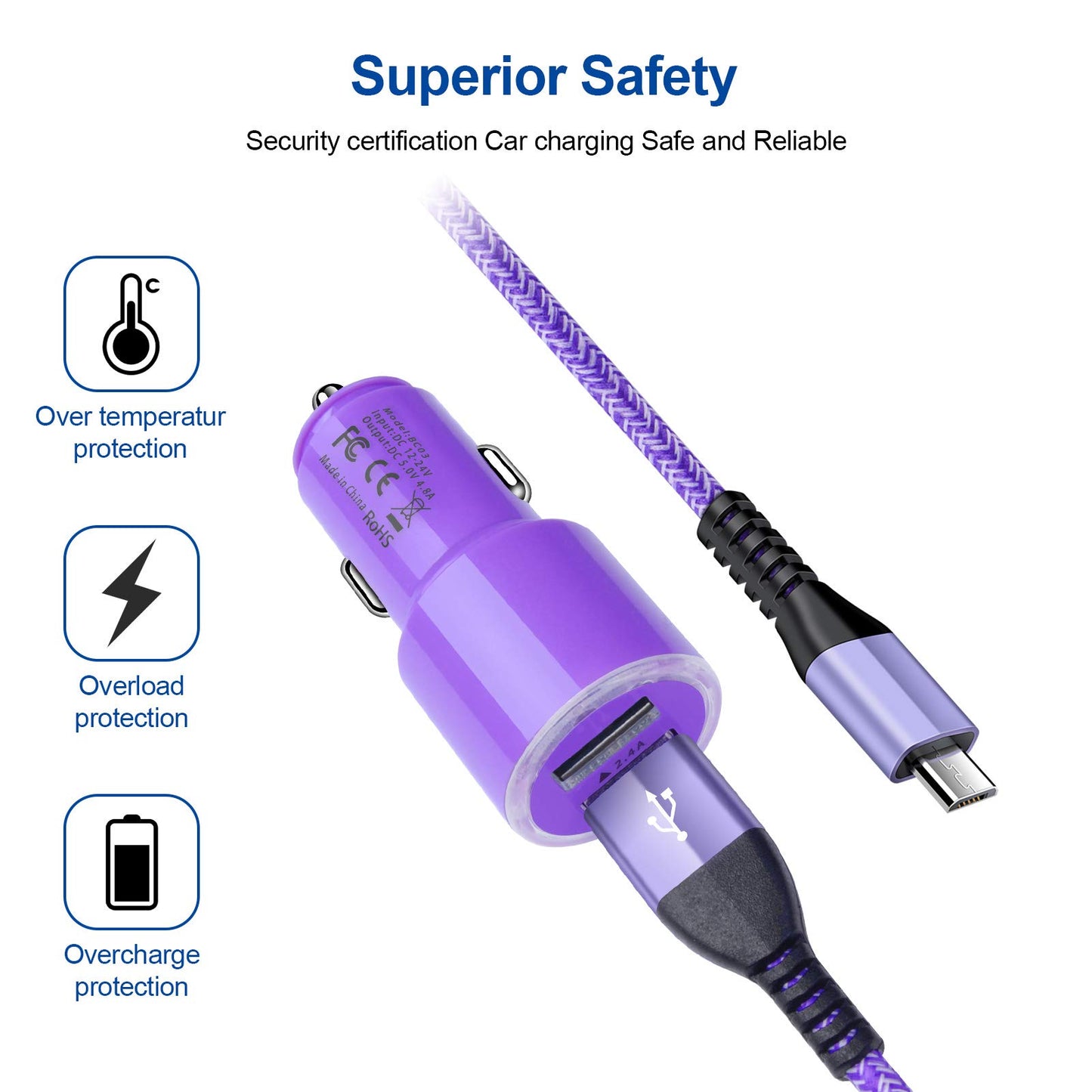 Dual 4.8A Fast Car Charger with Android Micro USB Cable for Samsung Galaxy S7 S6 J8 J7/J7V/Star/Crown/Prime/Refine J3, Note 5 4, Moto E4 E5 G4 G5 G6