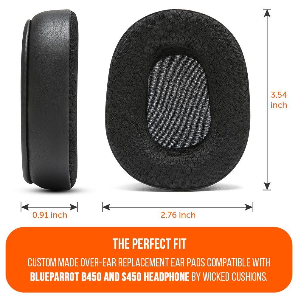 WC PadZ B450-XT - Extra Large Hybrid Earpads for BlueParrot B450XT & S450 by Wicked Cushions | Enhanced Comfort & Breathable Sports Fabric | Black