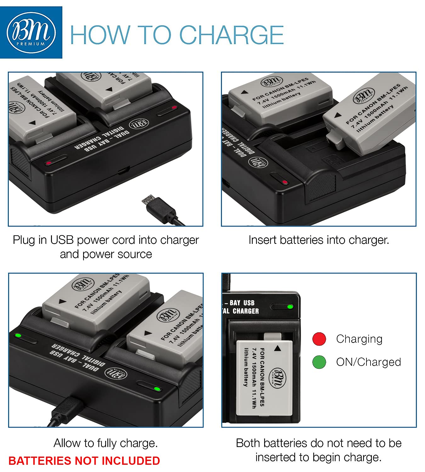 BM Premium LP-E5 Dual Bay Battery Charger for Canon EOS Rebel XS, Rebel T1i, Rebel XSi, 1000D, 500D, 450D, Kiss X3, Kiss X2, Kiss F Digital SLR Camera
