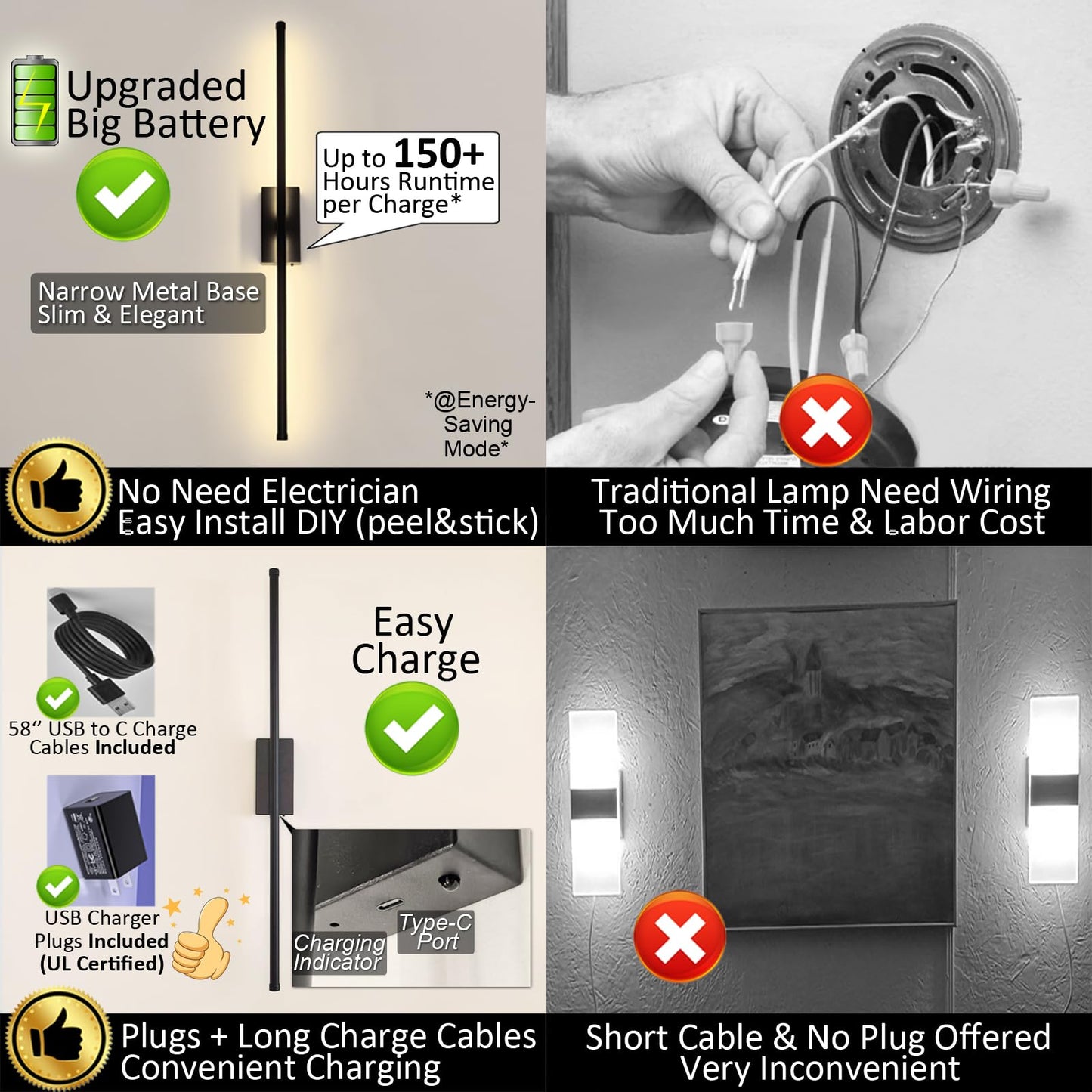 Easy Install Peel and Stick on Battery Operated Wall Sconces Set of 2 Rechargeable, Magnetic Linear Wall Sconce Wireless Long Picture Vanity Wall