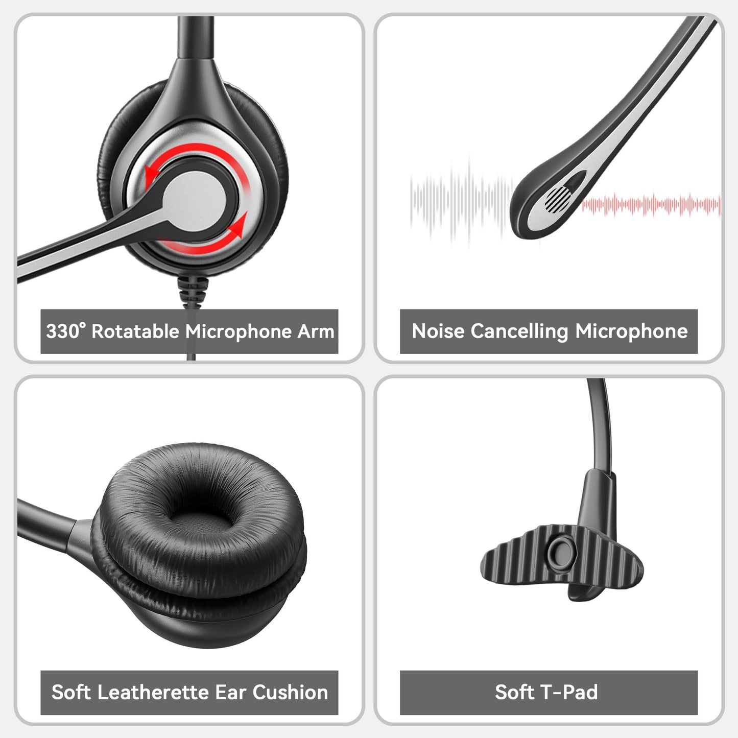 Wantek Corded Telephone Headset Mono w/Noise Canceling Mic + Quick Disconnect
